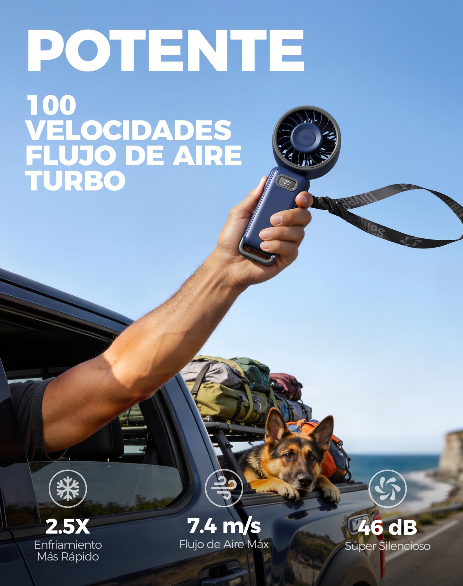 Diveblues Ventilador de Mano Turbo Portátil, 100 Velocidad, Flujo de Aire Potente de 7,4 m/s, Mini Ventilador Plegable 180° 4-en-1 para Mano, Cuello o Mesa, Recargable para Verano, Viajes y Exterior - 2