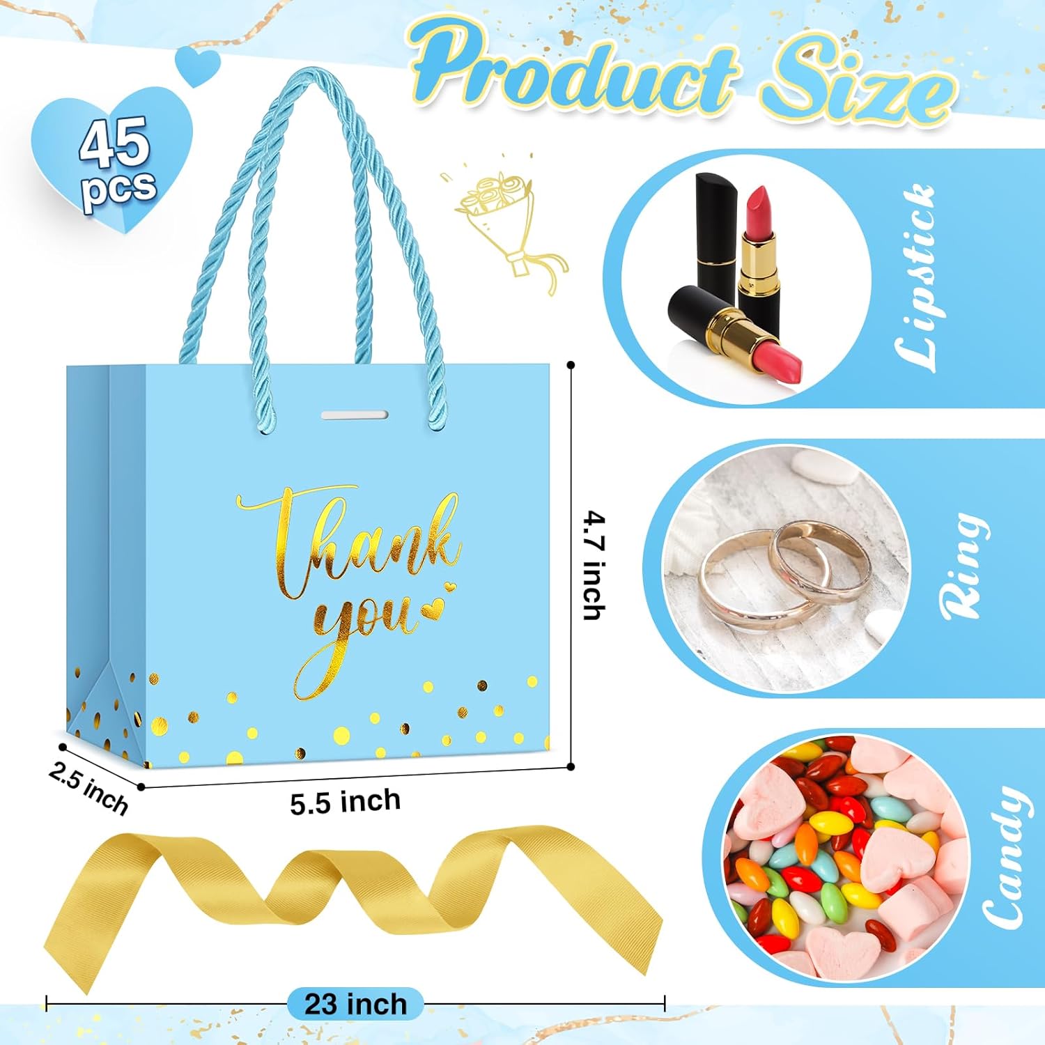 Jetec 45 Pcs Mini Paper Gift Bag Bulk 5.5 x 4.7 x 2.5'' Small Thank You Favor Bag with Handle Bow Ribbon for Valentine Wedding Baby Bridal Shower Birthday Anniversary Party(Sky Blue/gold) - Image 3