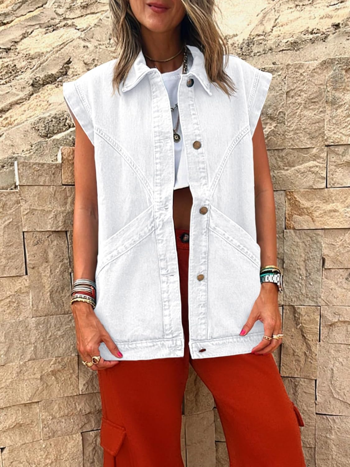 PLNOTME Womens Oversized Sleeveless Denim Vest Classic Button Down Jean Vest Casual Utility Lapel Jean Jacket - Image 5