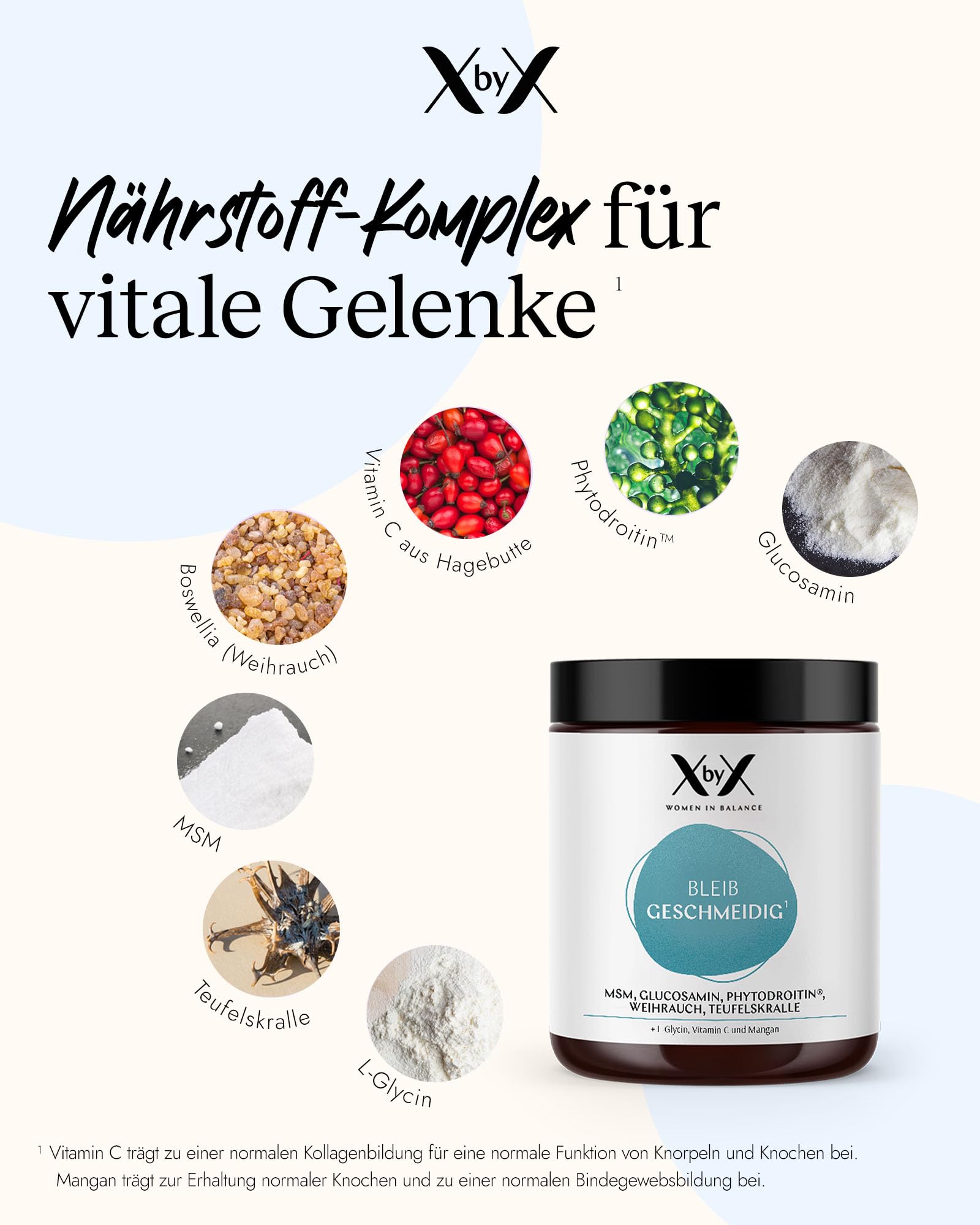 XbyX Bleib Geschmeidig 90 g - 30 Portionen - Gelenke-Komplex mit Vitamin C für Frauen - Plus Glucosamin, MSM, Kurkuma, Weihrauch - Aus Deutschland
