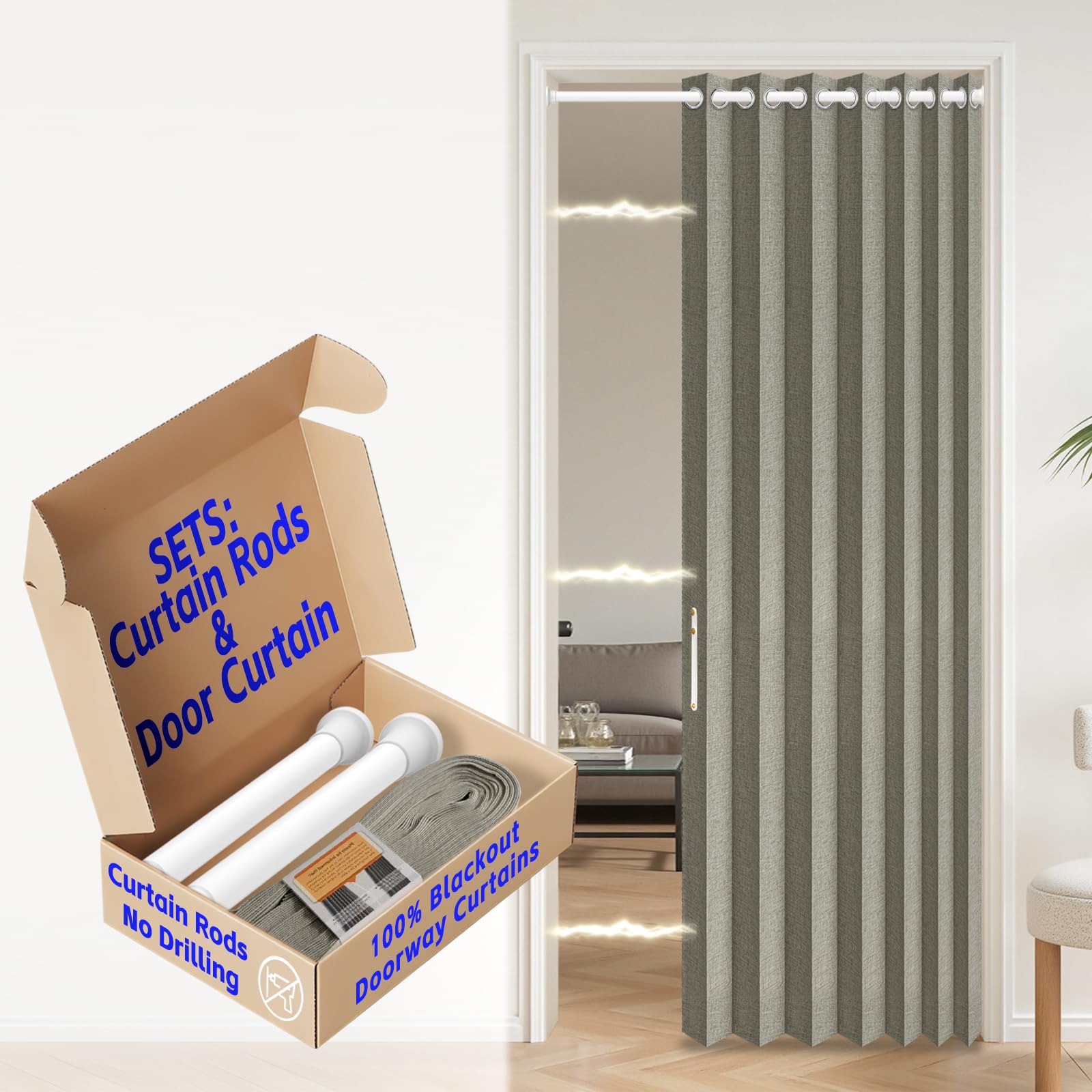AJAZZ 100% Blackout Accordion Doors Interior Invisible Folding Door Magnetic Door Curtain for Bedroom Living Room Doorway Curtain Sets Included Rod, 1Pack, W45 x L80 Inch, Grey