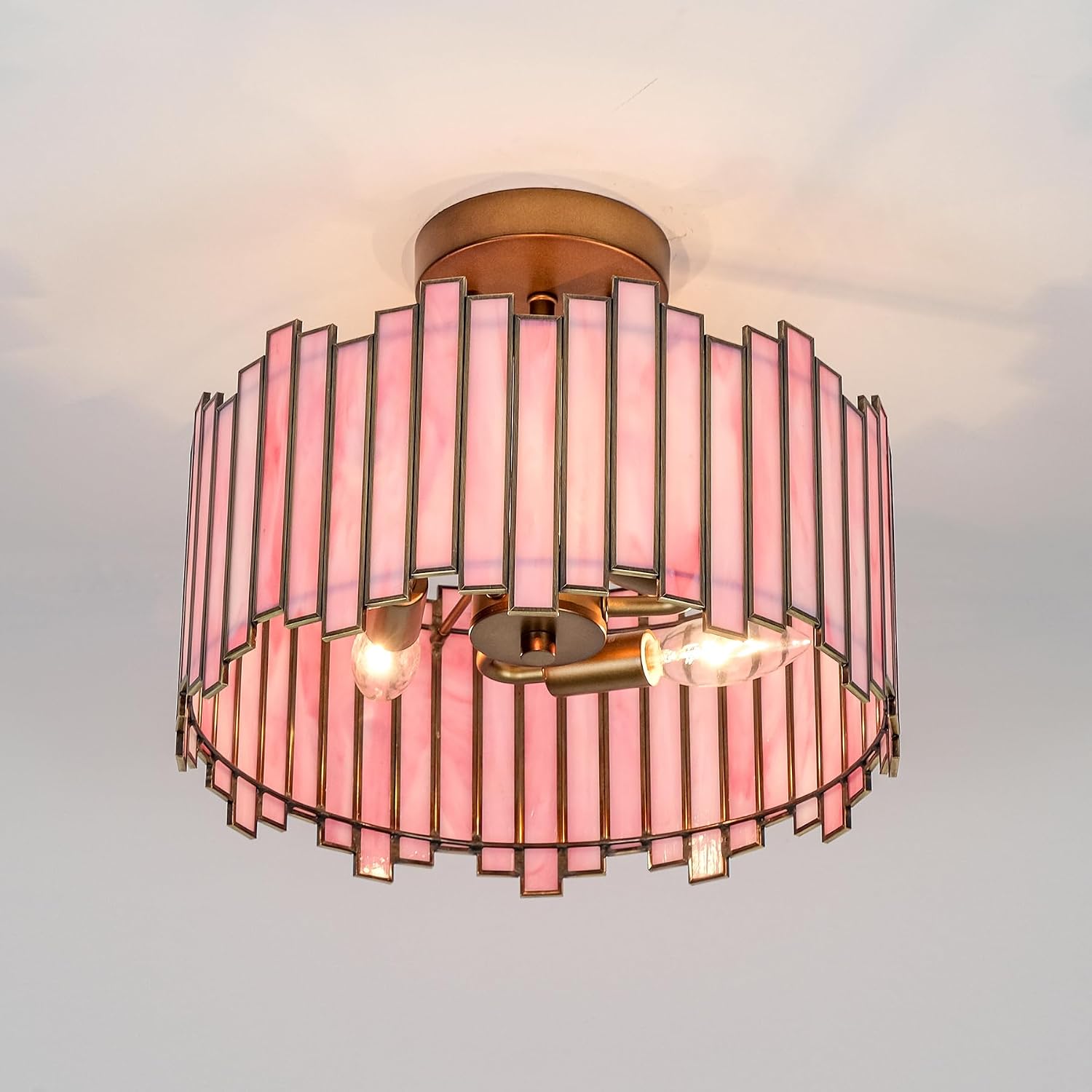 Pink Tiffany Ceiling Light Fixture in Drum Shape, 12.5” 3-Light Stained Glass Vintage Semi Flush Ceiling Mount for Foyer Hallway Bedroom Kitchen Closet