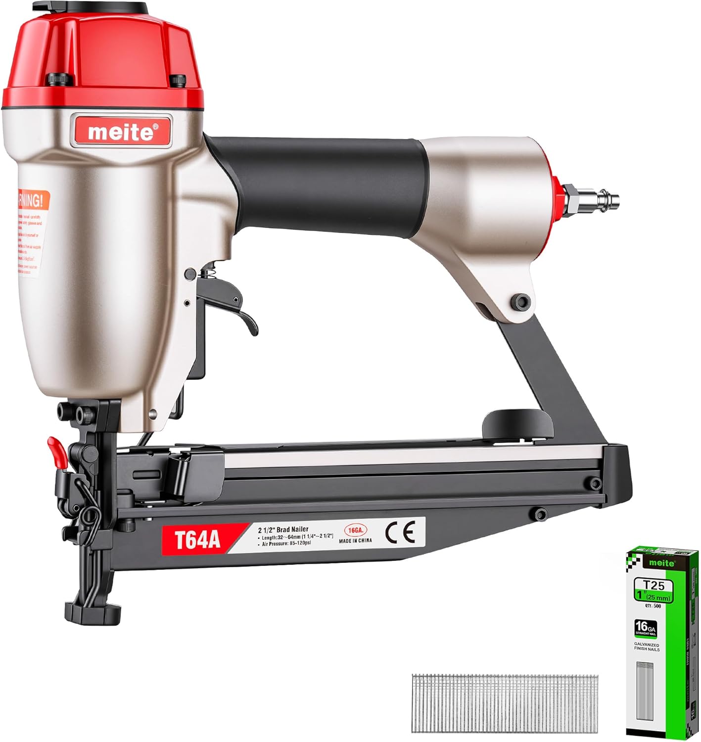 meite T64A 16 Gauge Finish Nailer with 500PCS Nails (1"), Pneumatic Finish Nail Gun, Fits 16 Gauge Finish Nails 1-1/4" up to 2-1/2", Safety & Quick Release Nose, Lightweight Finishing Nail Gun