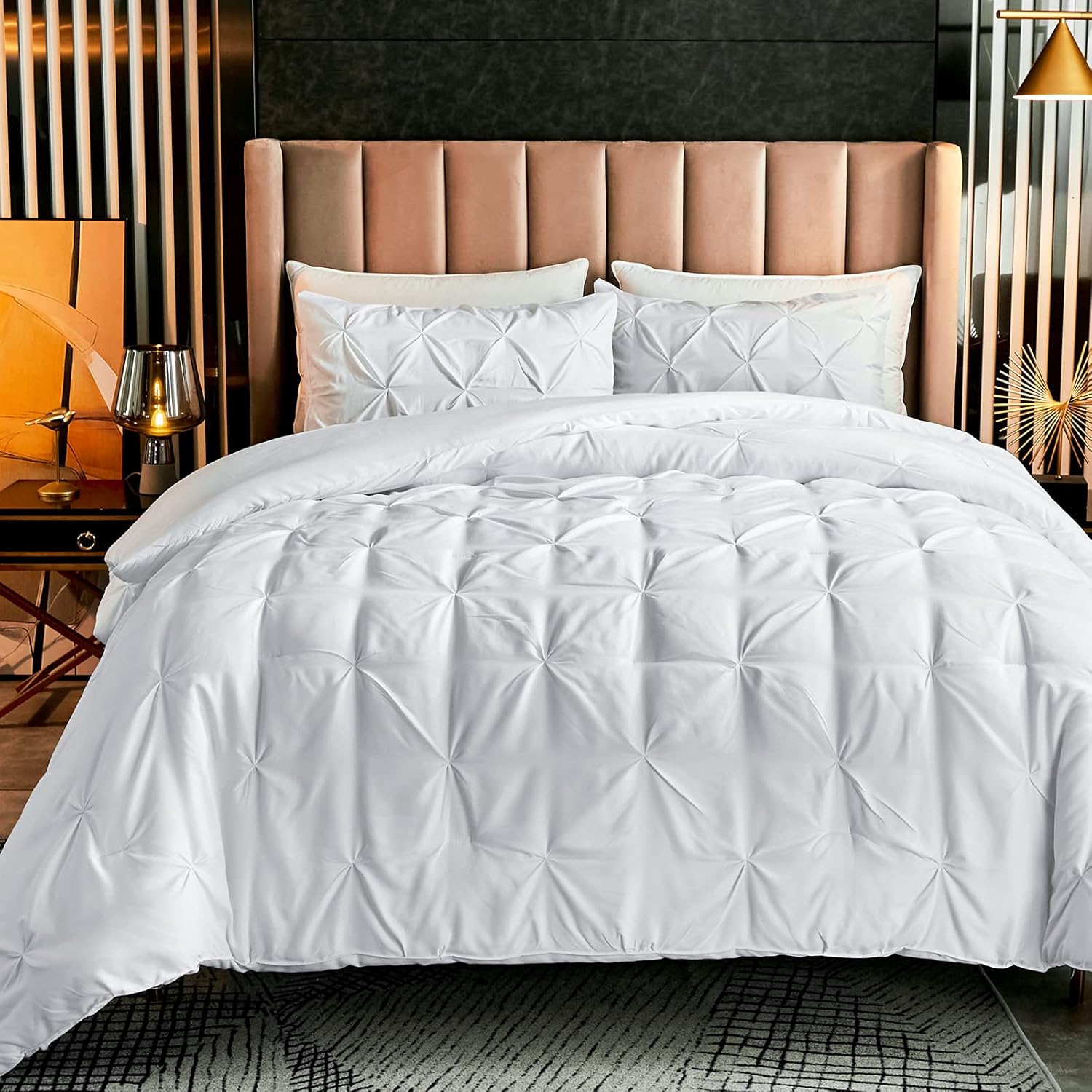 AIKASY Pinch Pleated White Comforter Set Queen Size Bed, 3