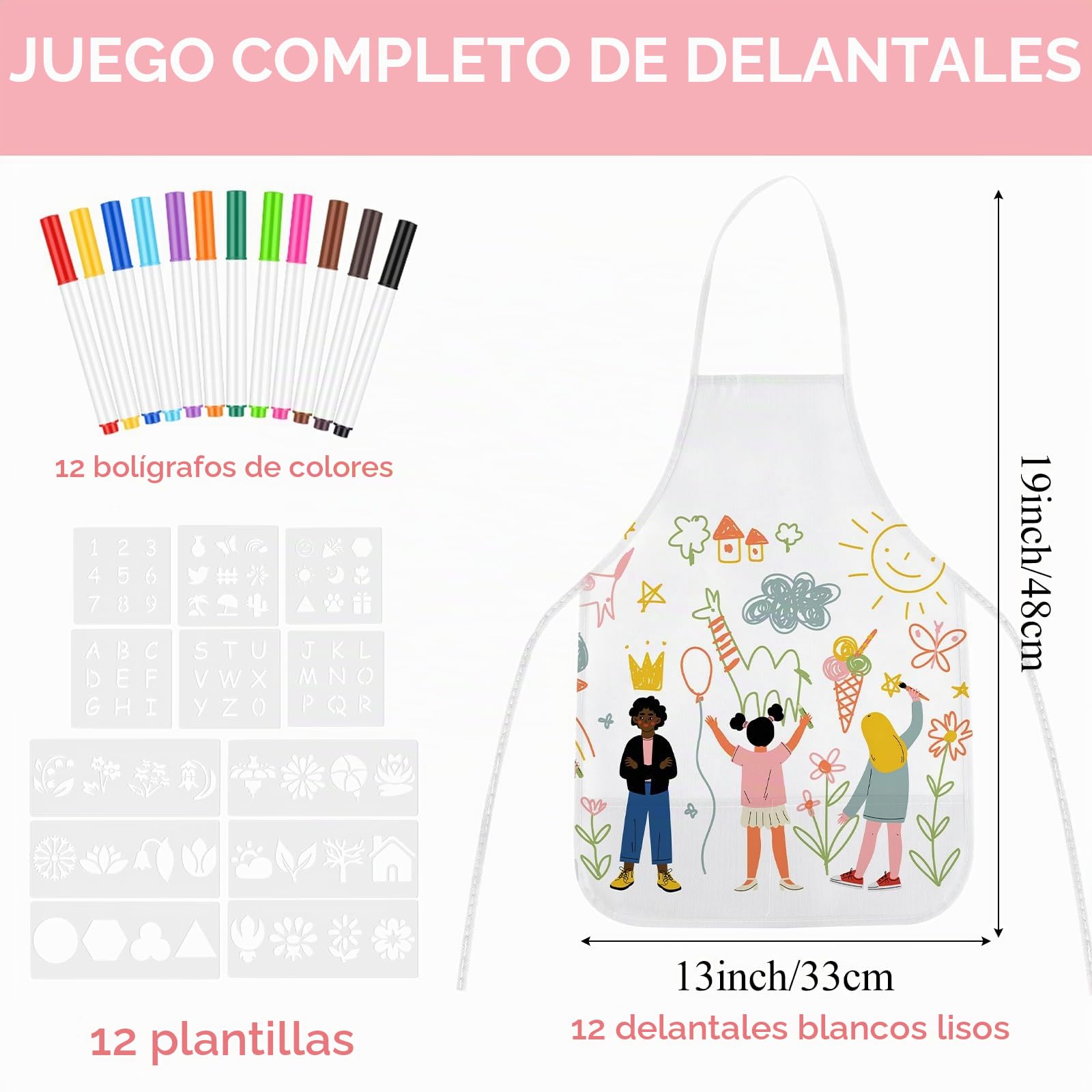 Morcheiong Juego de 36/72 delantales para niños, delantales de pintura para niños con bolígrafo de colores y plantilla de manualidades para manualidades y pintura artística hecha a mano