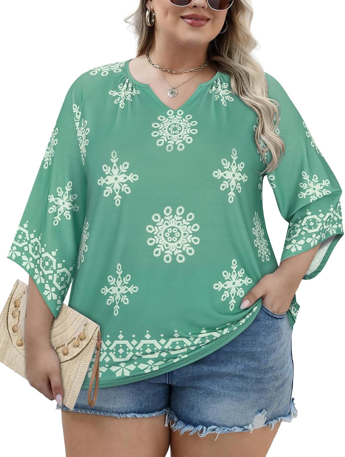 Koscacy Plus Size Tops for Women 3/4 Sleeve Shirts Casual V Neck Loose Fit Blouse - Image 2