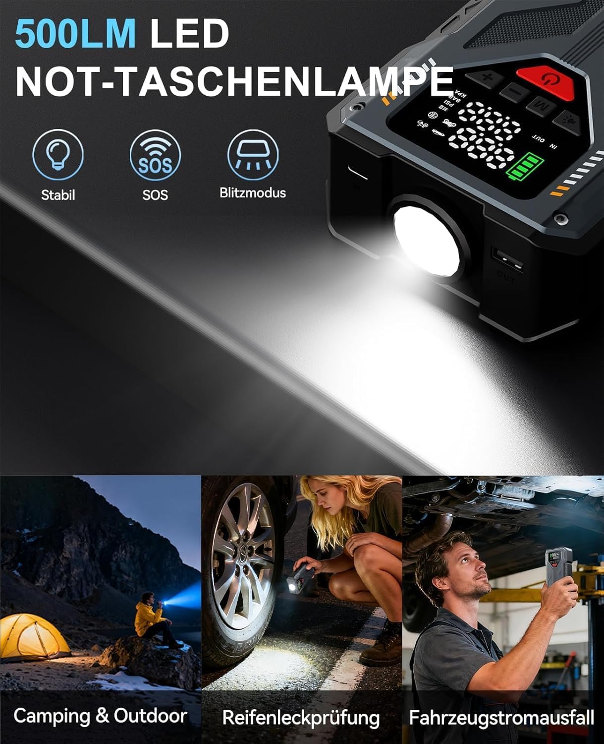Starthilfe Powerbank 8000A für PKW, Auto Starthilfe mit Kompressor 150PSI, 12V Batterie Booster Jumpstarter für Alle Benzin/10L Diesel mit LED Display & Starterkabel, Frauen