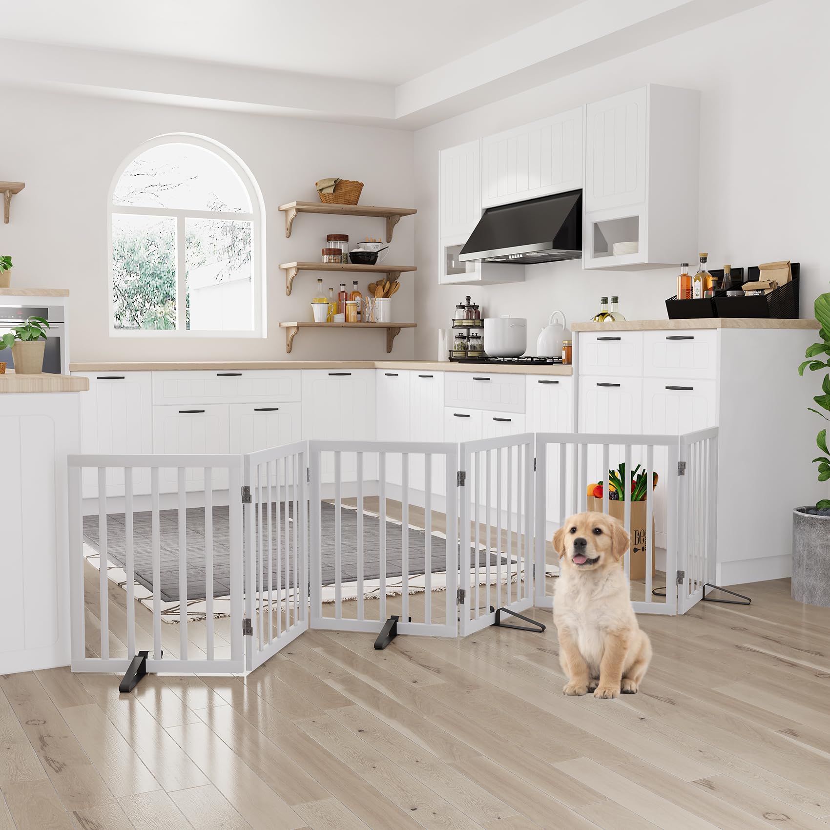 Semiocthome Puertas de madera para perros para la casa extra anchas, puertas independientes de 6 paneles para mascotas con 4 soportes de metal para puertas y escaleras, vallas plegables para perros de