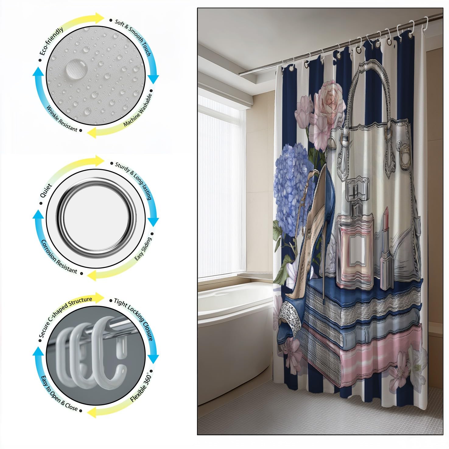 Zasłona prysznicowa 180 x 200 cm, zasłona prysznicowa Anime Kreskówka Perfumy w paski, kolorowa zasłona prysznicowa poliestrowa wodoodporna zasłona wannowa z haczykami do prysznica