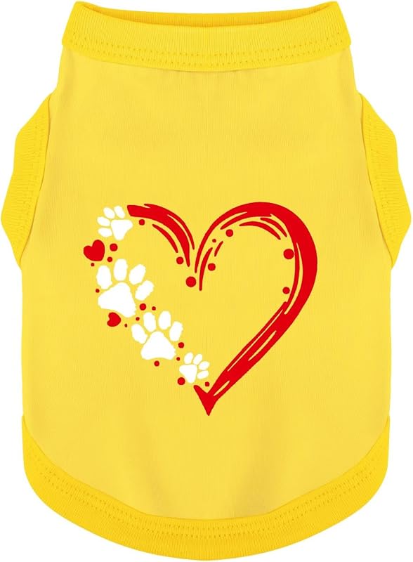 Camiseta para cães sem mangas em algodão macio com estampa de coração e pata Paiaite Amarela Tamanho S