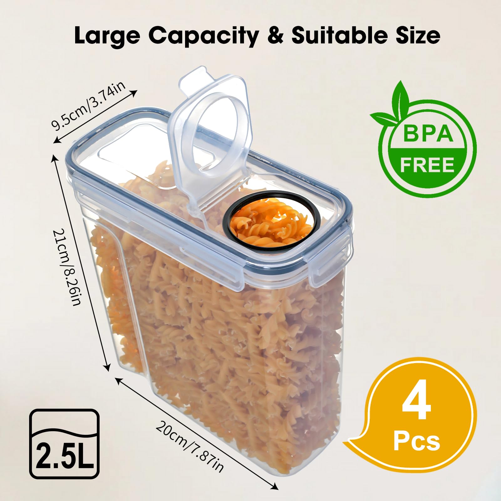 Romon Contenitori Ermetici Alimenti, 2.5L Scatola Portaoggetti da Cucina Confezione da 4, Barattoli Alimentari Plastica Sigillati con Coperchio per Conservare Cereali Pasta Farina Animali Domestici