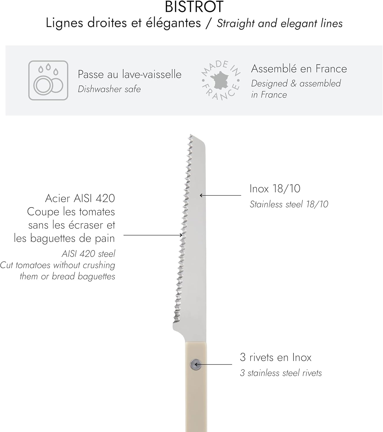 Sabre Paris - Serrated Knife 8.5 inches - Bistrot Collection - Perfect for Tomatoes, Lemons, Breads - Stainless Steel & Nylon - Dishwasher Safe - Light Kaki - Brilliant Finish