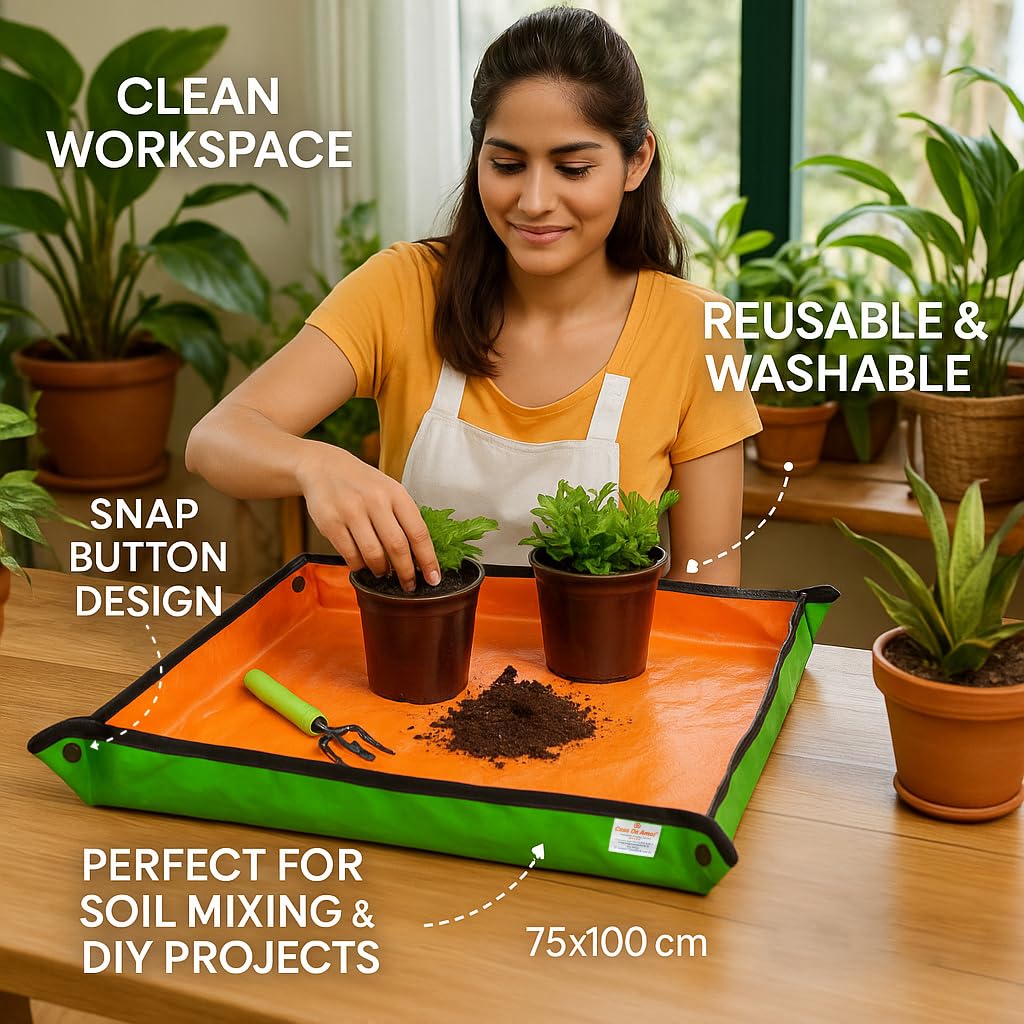Casa De Amor Gardening Mat 75x100 cm | Waterproof & Foldable HDPE Mat with Snap Buttons | for Soil Mixing, DIY & Plant Care | Green-Orange (Pack of 1) - Image 5 thumbnail