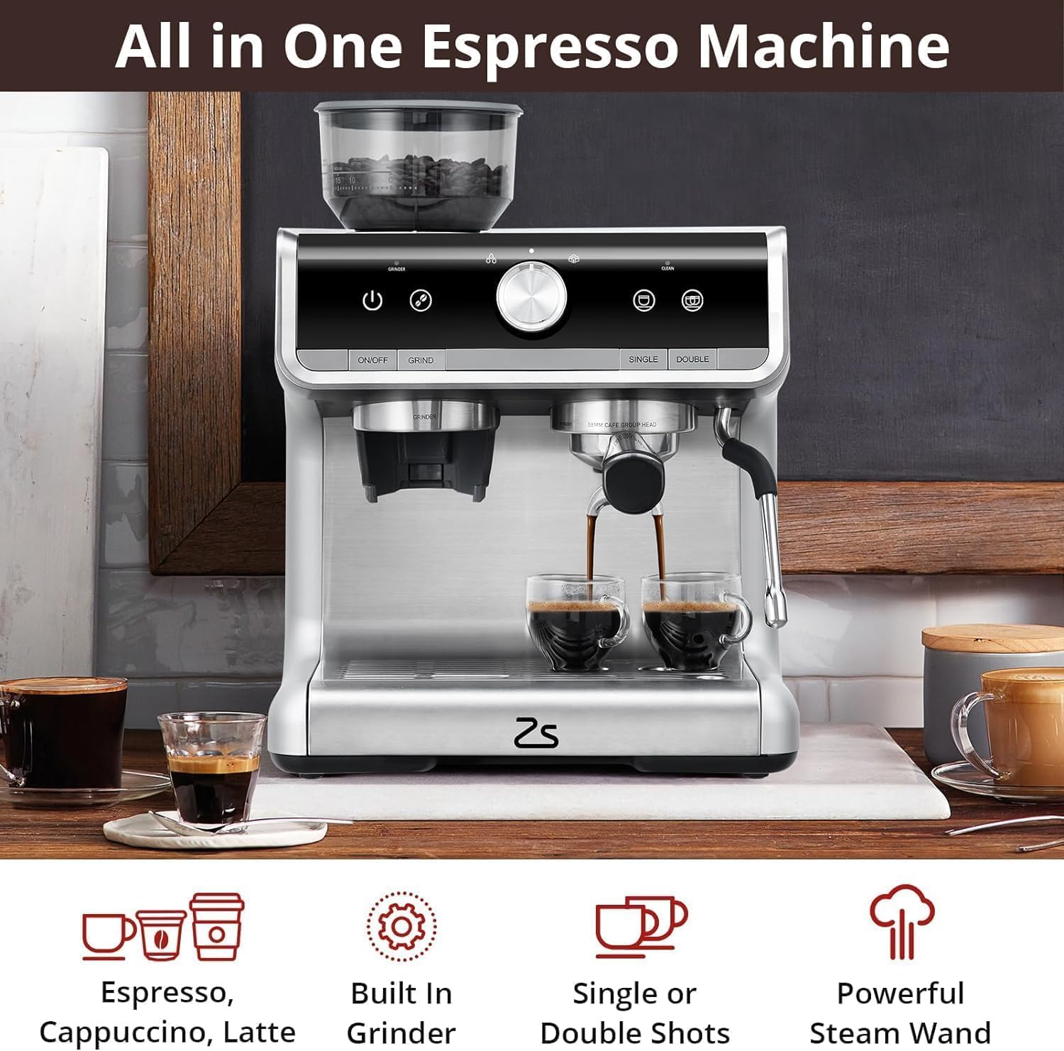 Stainless Steel Espresso Maker with Milk Frother - Coffee Machine 20 Bar Pressure, 2.8L Water Tank, Barista Kit, for Latte, Cappuccino, and Macchiato,Silver