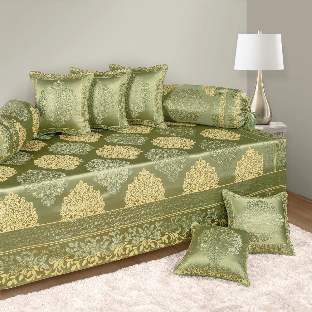 Victor Poly Cotton Styria Satin Damask Geometrical Pattern Diwan - Set 8 Pieces, Green (Bedcover - 60"x90", 2 Bolsters - 16" x 32" & 5 Cushion Covers - 16" x 16")-image-38