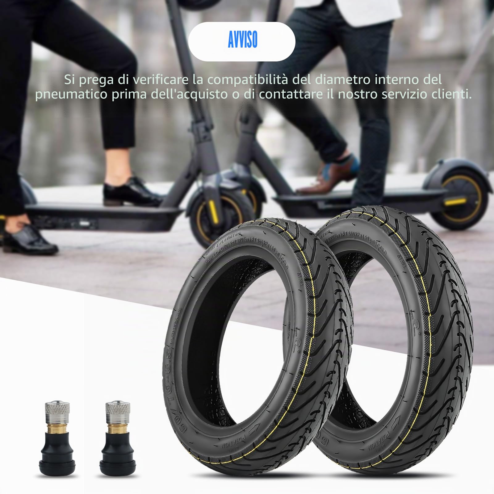 SYACHI 10x2,5Pollici Pneumatico Tubeless+2 Ugelli Diritti Scooter Elettrico Parti, 60/70-6.5 Gomma più Spessa e Più Ampia Tipo Ruote Monopattino, A Prova Di Esplosione