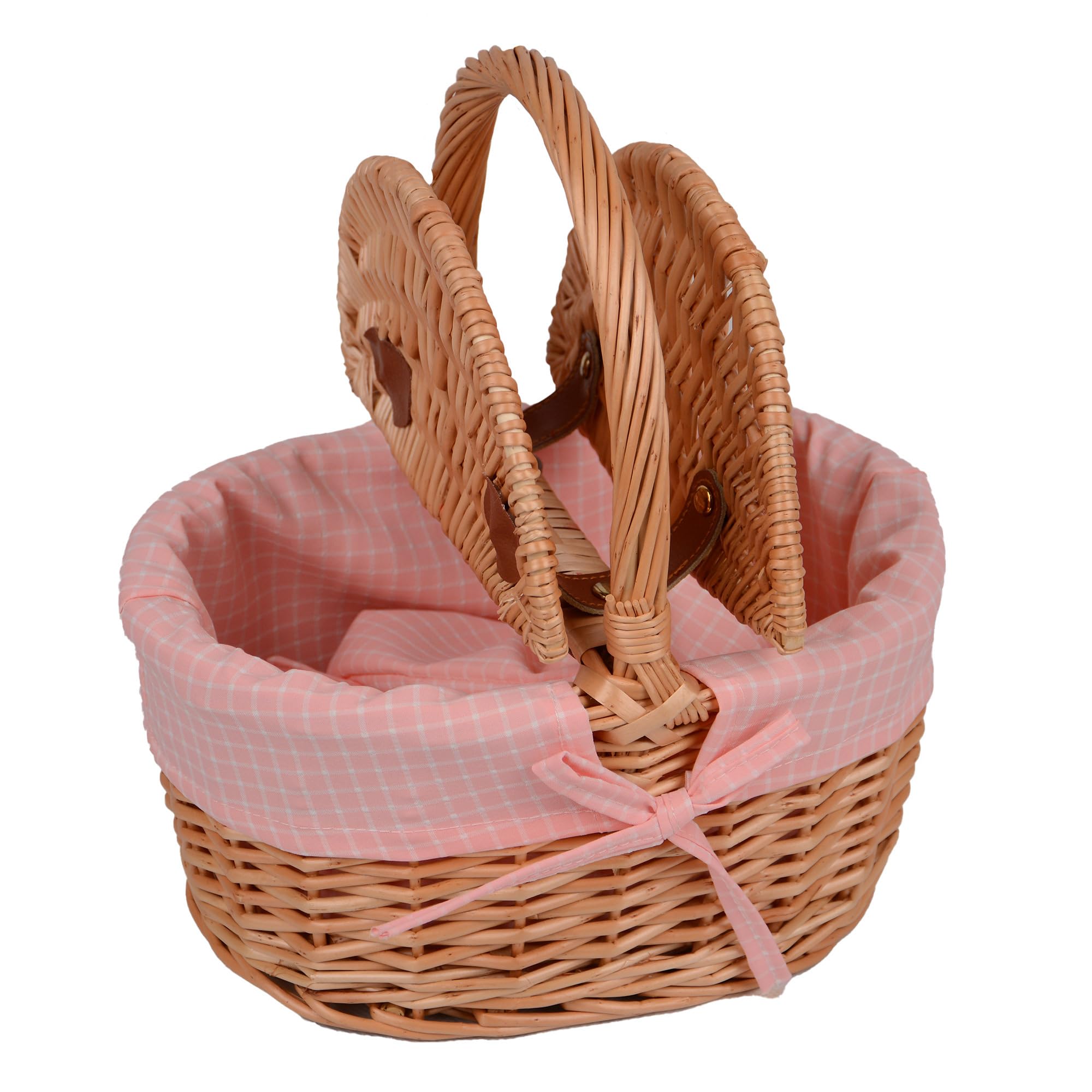 UNUS Panier de pique-nique ovale pour enfant en osier avec revêtement en tissu - Kit complet pour 2 personnes avec couverts, assiettes et gobelets, panier en osier portable pour pique-nique et