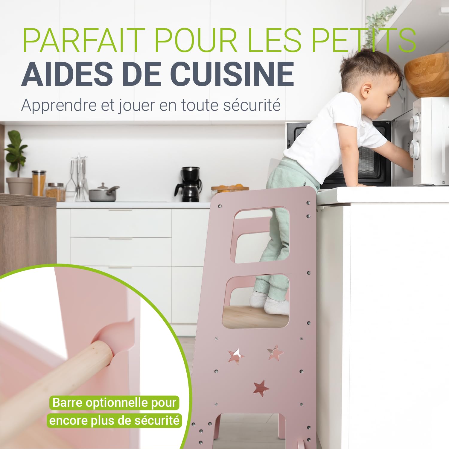 Juskys Tour d'apprentissage Henny - pour Enfants à partir d'un an, Marche-Pied, réglable en Hauteur sur 3 Positions, Protection Anti-Bascule, Aide à la Cuisine - Rose