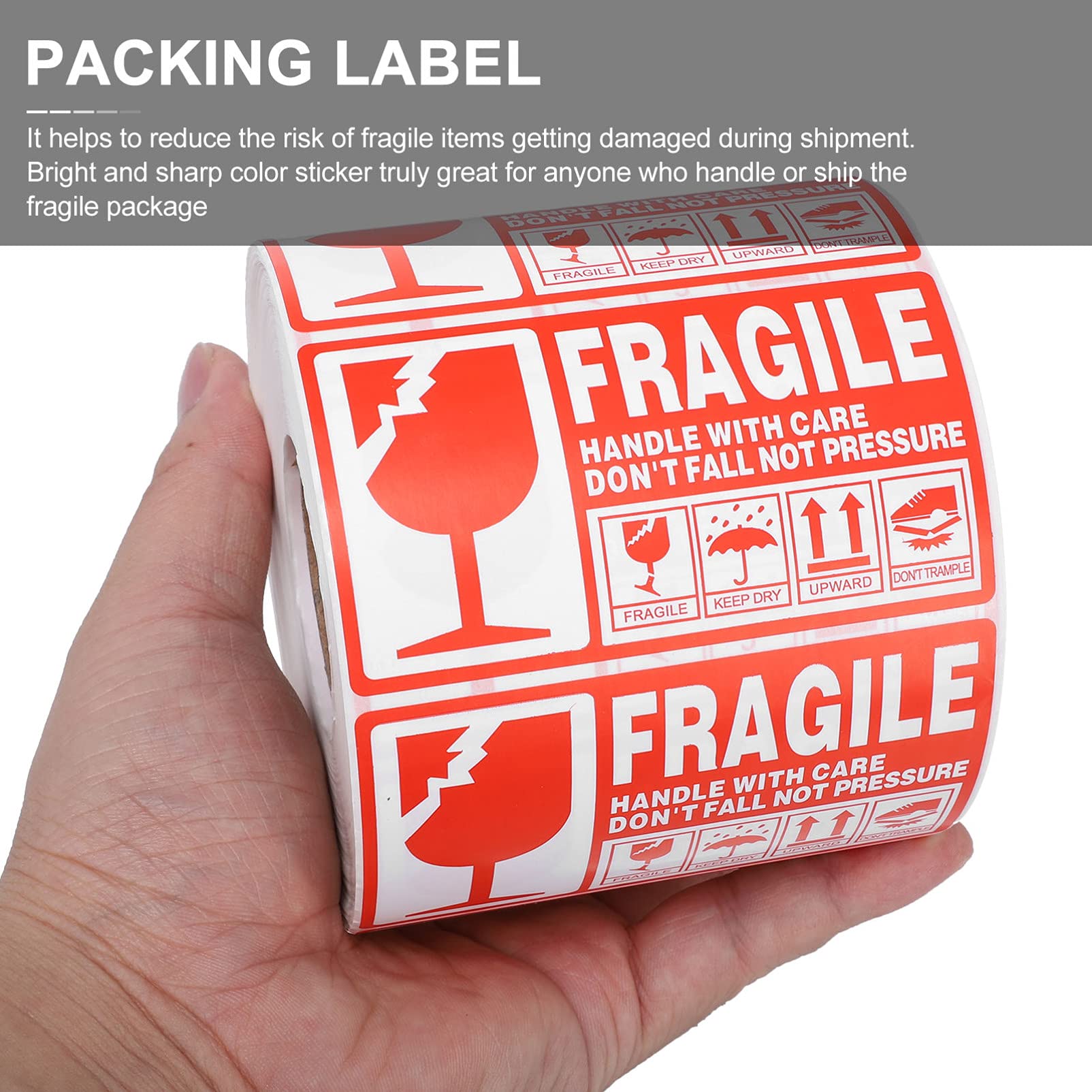 KALLORY 1000ctn Fragile Shipping Sticker Red/White Warning Labels Self-Adhesive Paper Stickers for Packaging Handle with Care