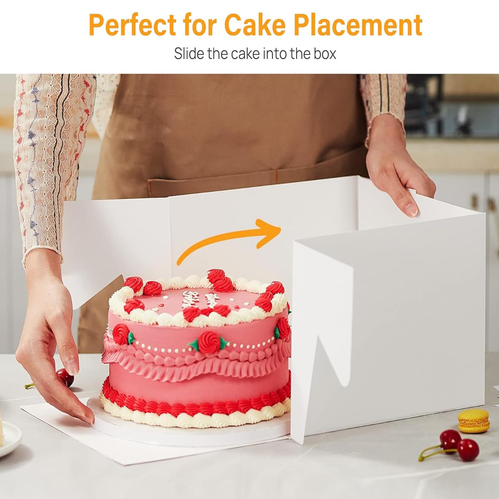 Caja de cartón para tartas de 30 x 30 x 20 cm, caja de transporte para tartas, caja blanca para tartas con ventana y 10 tablas redondas para tartas, 1 rollo de cinta de raso para tartas