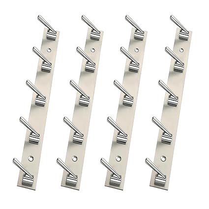 PROMIXO Heavy Duty Stainless Steel Cloth Hooks 5 Pin Hanger for Door, Bedroom, Bathroom, Wardrobes for Hanging Clothes Towel, Keys, Bags - Pack of 4