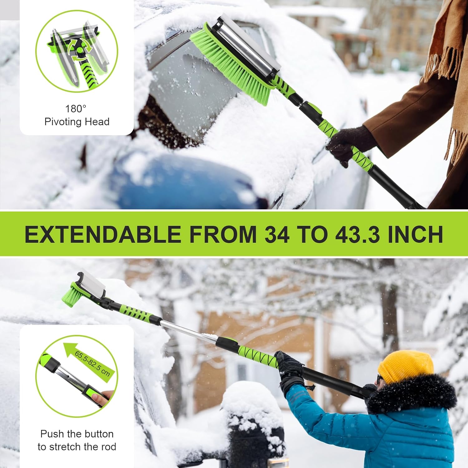 Yougfin 3 in 1 Snow Brush with Ice Scraper for Car Windshield Extendable 43 inch, SUV Snow Removal with Squeegee Heavy Duty, 180° Rotating Head, Green & Purple