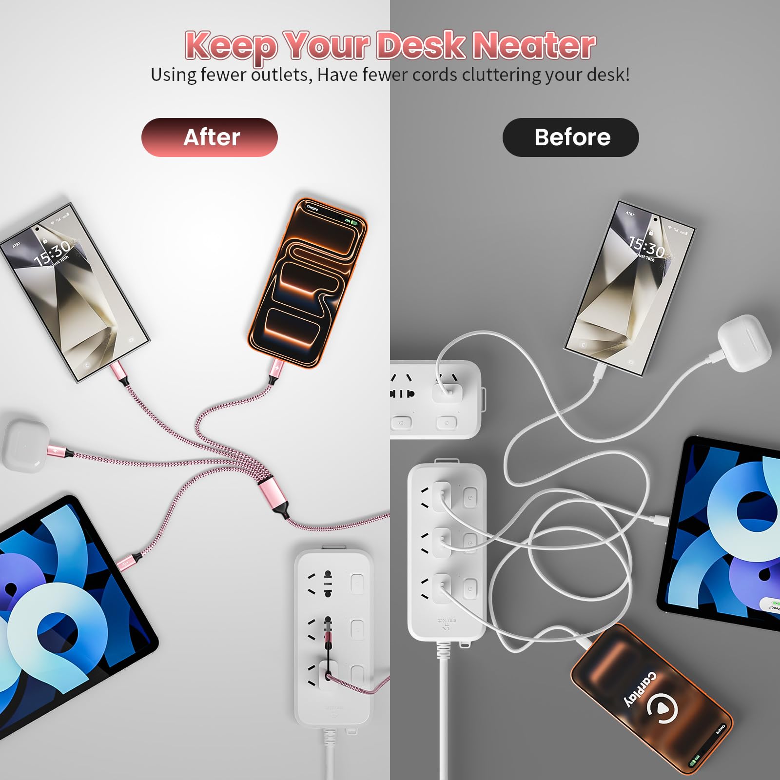 4 cavi di ricarica multipli di tipo C da 10,2 cm, 1,5 m, essenziale da viaggio per aerei e viaggi in crociera, USB A/C a 4 USB C, compatibile con iPhone 17-8, Android, iPad, Galaxy, tablet