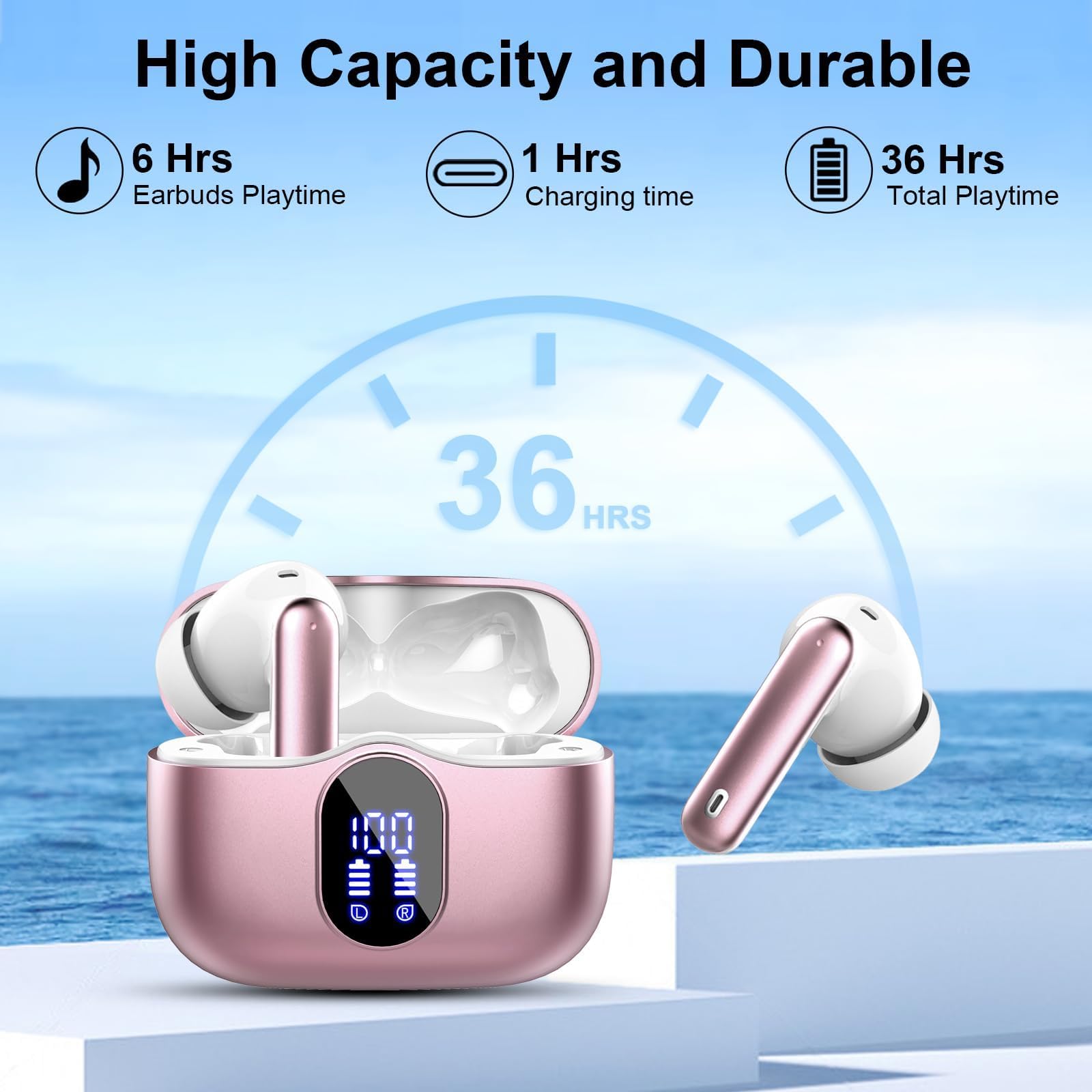 Btootos Casque Bluetooth, écouteurs Bluetooth 5.4 in Ear avec 4 ENC Mics, Casque sans Fil HiFi Stéréo avec APP, 36 Heures écouteurs Bluetooth avec écran LED, IP7 étanches Écouteurs sans Fil
