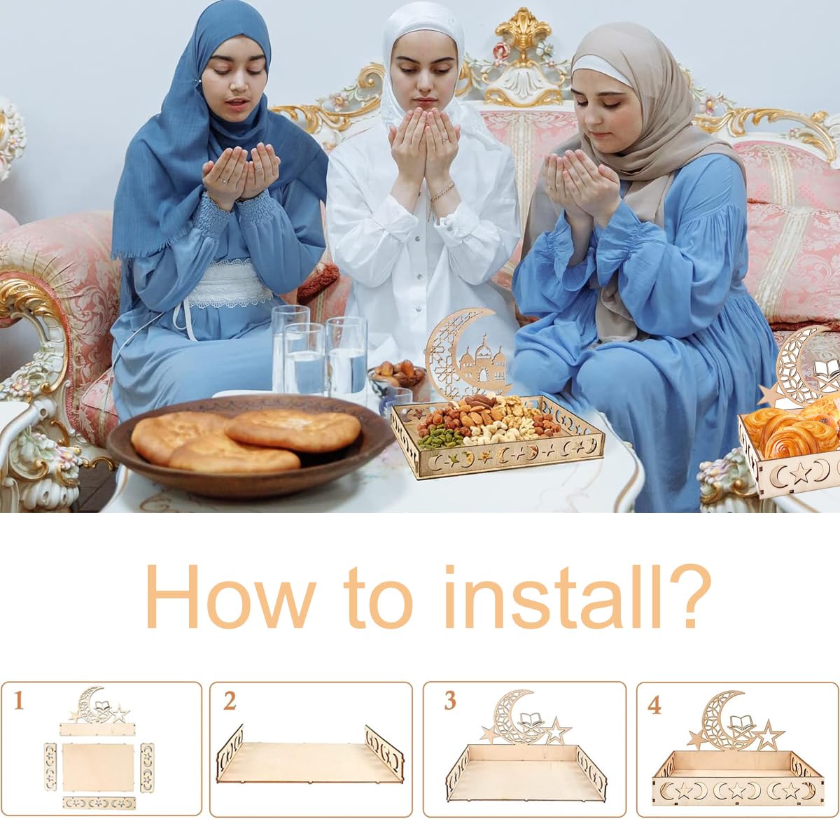 Plateau blanc Eid Mubarak, plateau en bois lune étoile pour Ramadan Kareem, fournitures de support alimentaire Al Adha, décorations de fête musulmane islamique  15