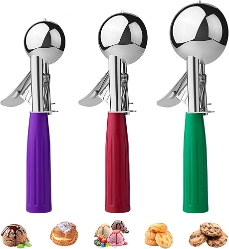 Vista 8 de Cuchara para helado, el juego de cuchara para helado incluye diferentes tamaños, cuchara de helado resistente con gatillo, palas de acero inoxidable