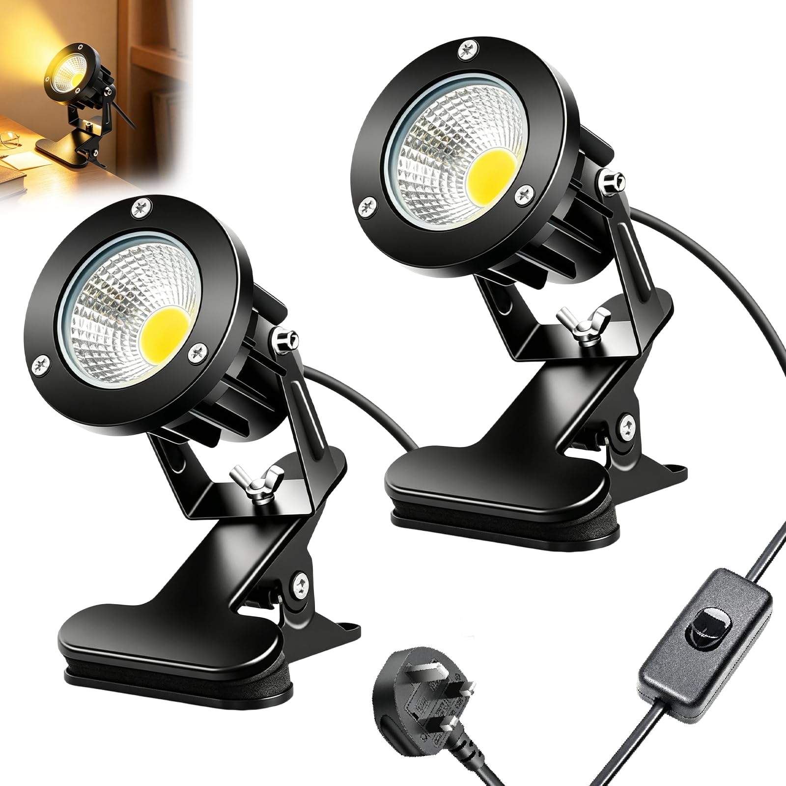 LED Clip on Spot Lights with On/Off Switch, 2 Pack 10W Clamp Lamp Garden Spot Lights, IP65 Waterproof Plug in Spot Light, Clip Light Plant Uplighters for Indoor Outdoor, 1.8M Cord, Warm White