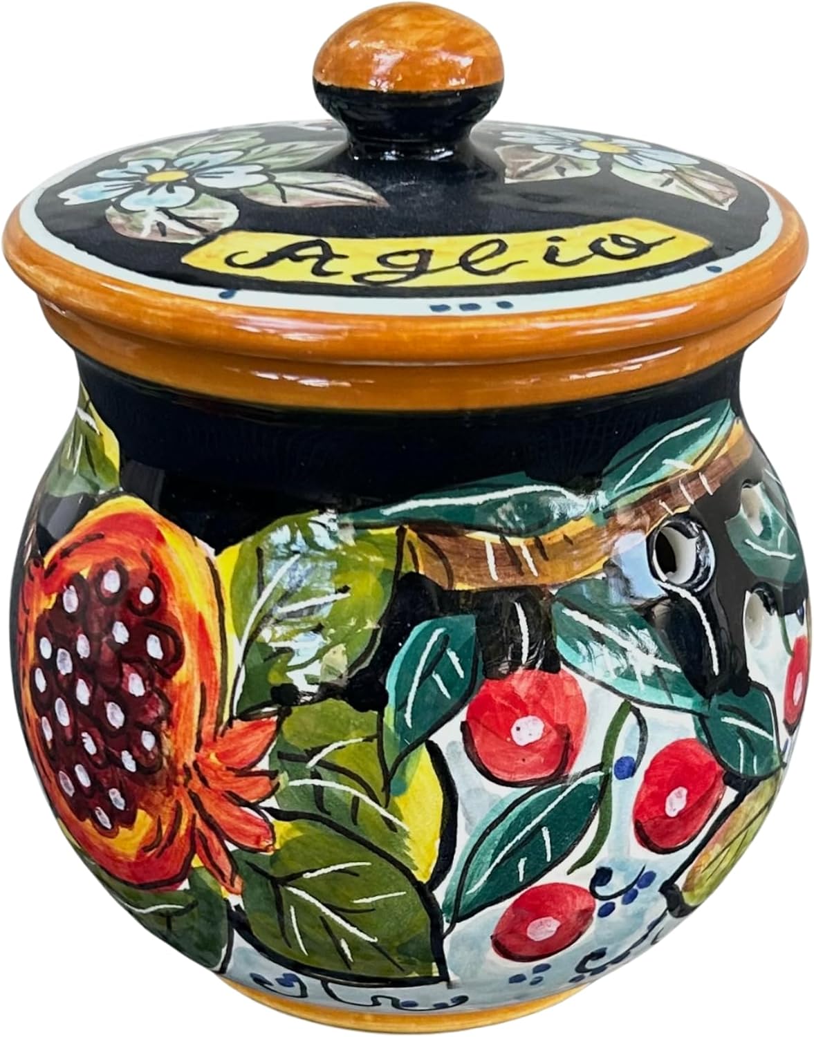 CERAMICHE D'ARTE PARRINI- Italian Ceramic Garlic Brings Jar Holder Hand Painted Made in ITALY Decorated Fruits Tuscan Art Pottery Florence