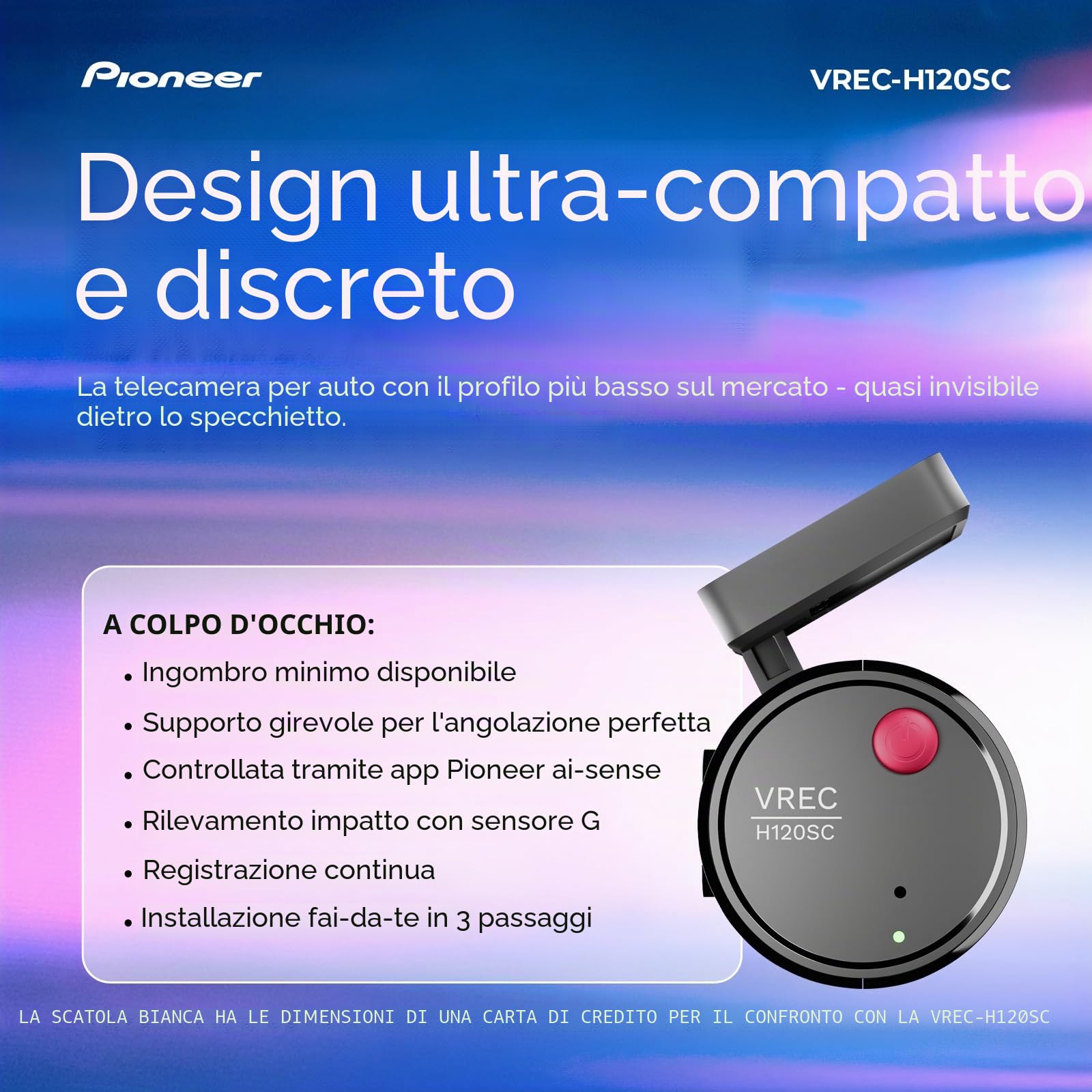 Pioneer VREC-H120SC - Telecamera da cruscotto compatta, discreta risoluzione 1,5 K per auto con rilevamento degli impatti, copertura grandangolare a 120 gradi, WiFi integrato, app Companion, USB-C