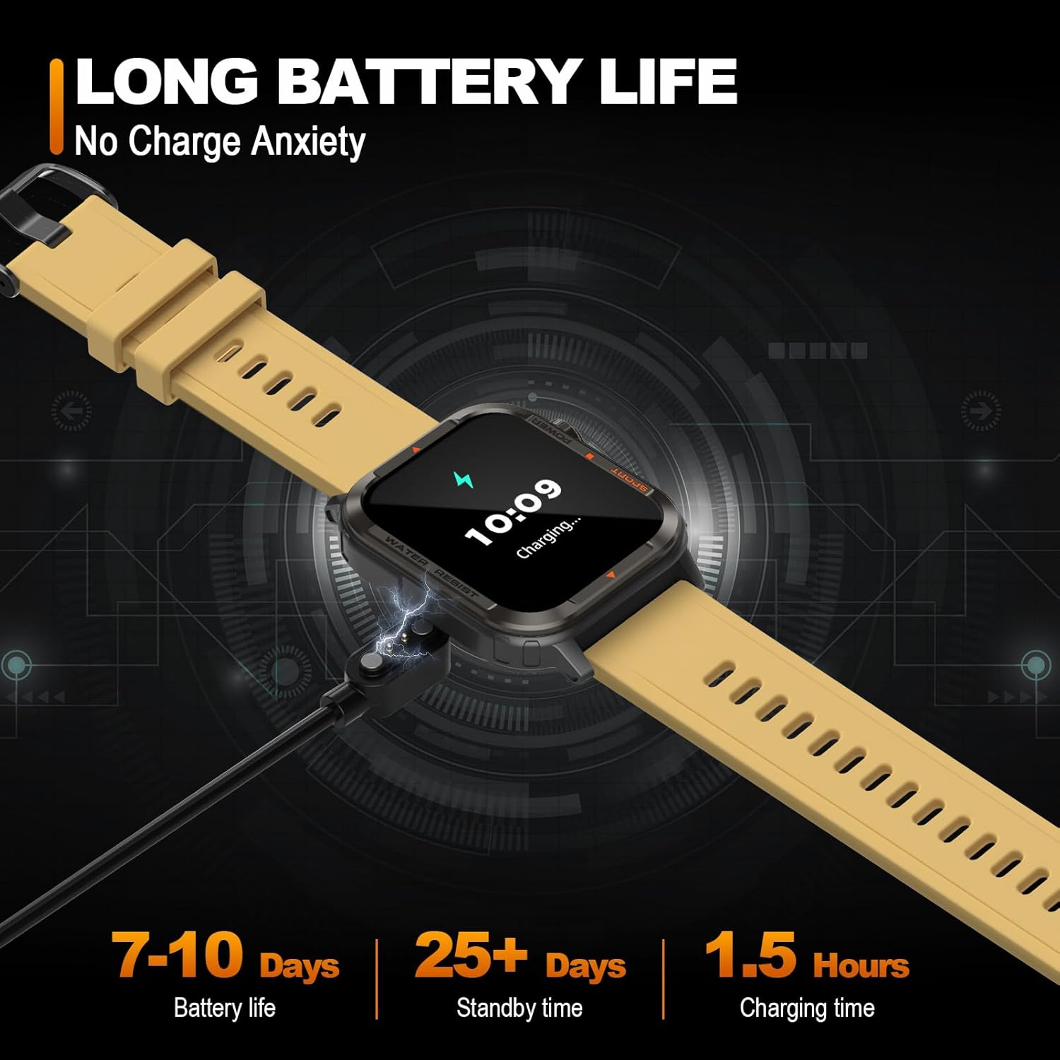 anyloop Smart Watch G96 charging magnetically, with text indicating 7-10 days battery life.