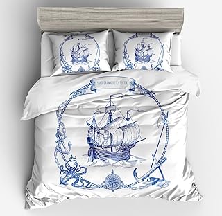 Sailboat Bedding Set Nautical Decor Duvet Cover Queen Size Blue Retro Sailboat Bedding Soft Duvet Cover Compass Anchor Pattern Decor Comforter Cover Soft Breathable Quilt Cover for Adult Teens Kids