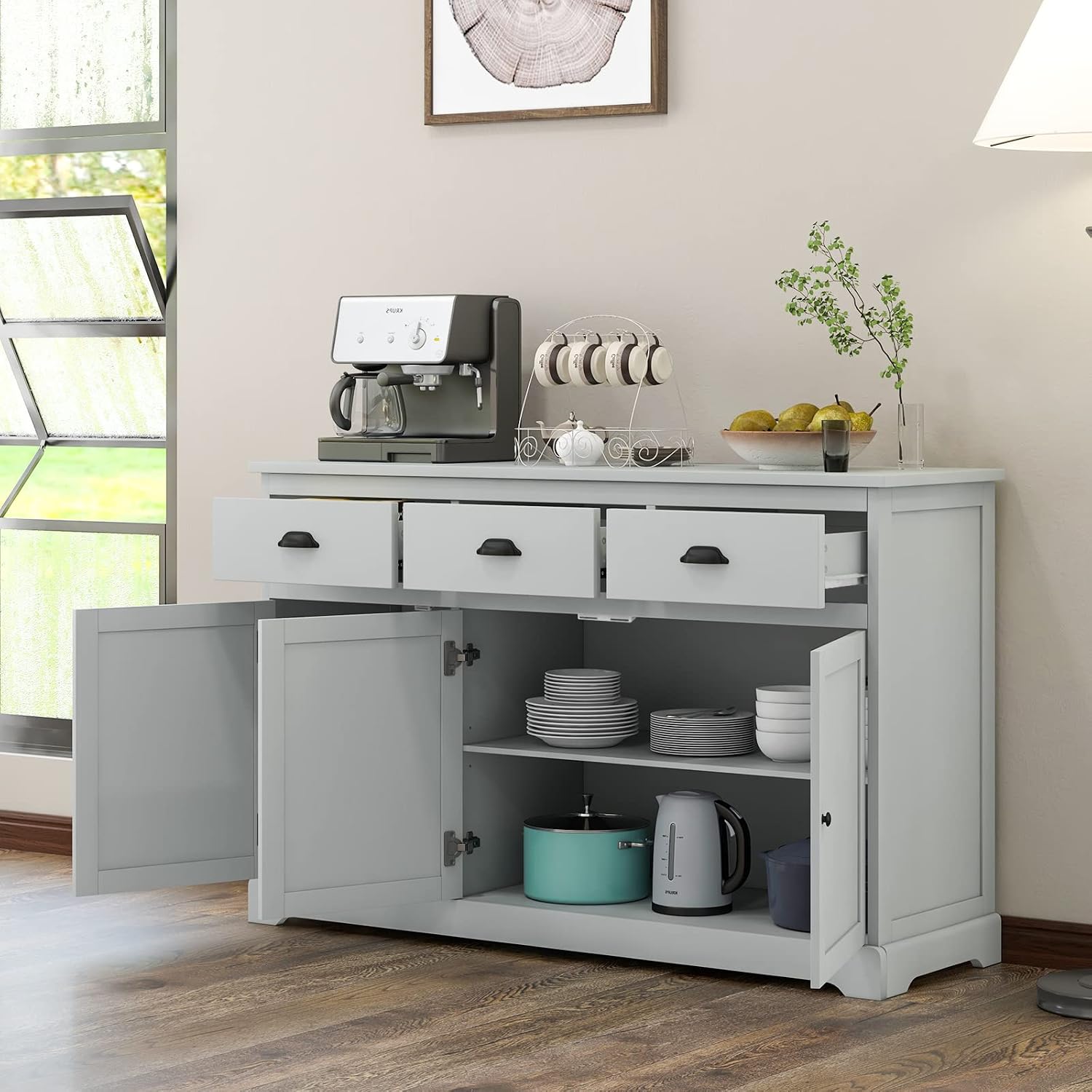 Giantex Sideboard Buffet Server Storage Cabinet Console Table Home Kitchen Dining Room Furniture Entryway Cupboard with 2 Cabinets and 3 Drawers Adjustable Shelves, Gray