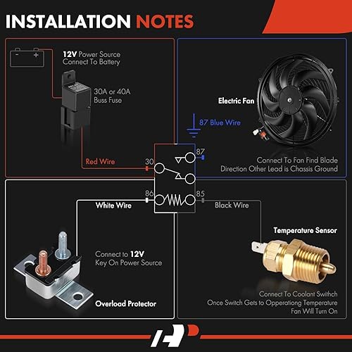Miniatura 6 de A-Premium Ventilador de radiador eléctrico de 10 '' 10 pulgadas 900 mh, 12V 80W con kit de relé de interruptor de cableado del termostato