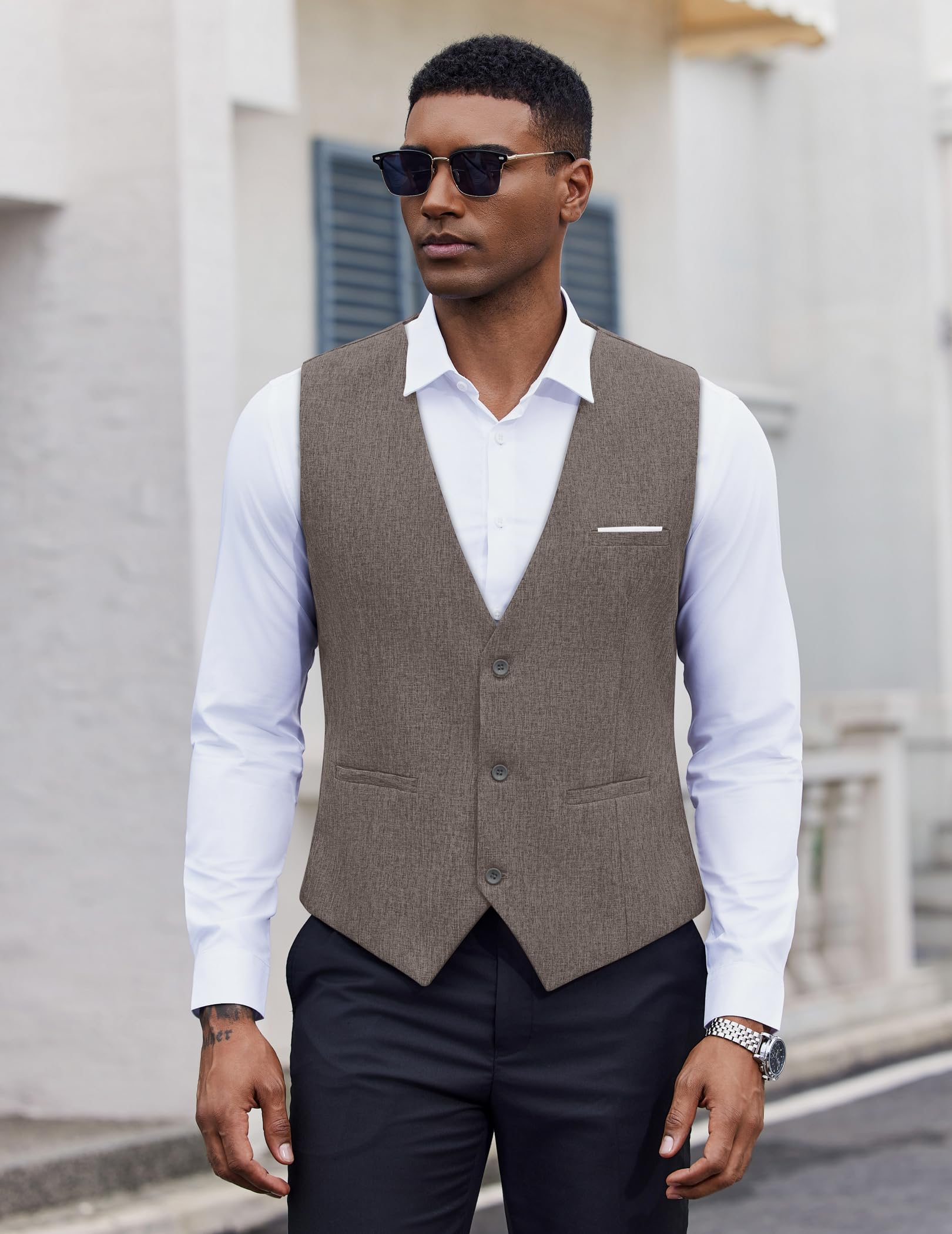 COOFANDY Men's Suit Vest V-Neck Casual Business Vests Lightweight Slim Fit Formal Dress Waistcoat for Wedding Party