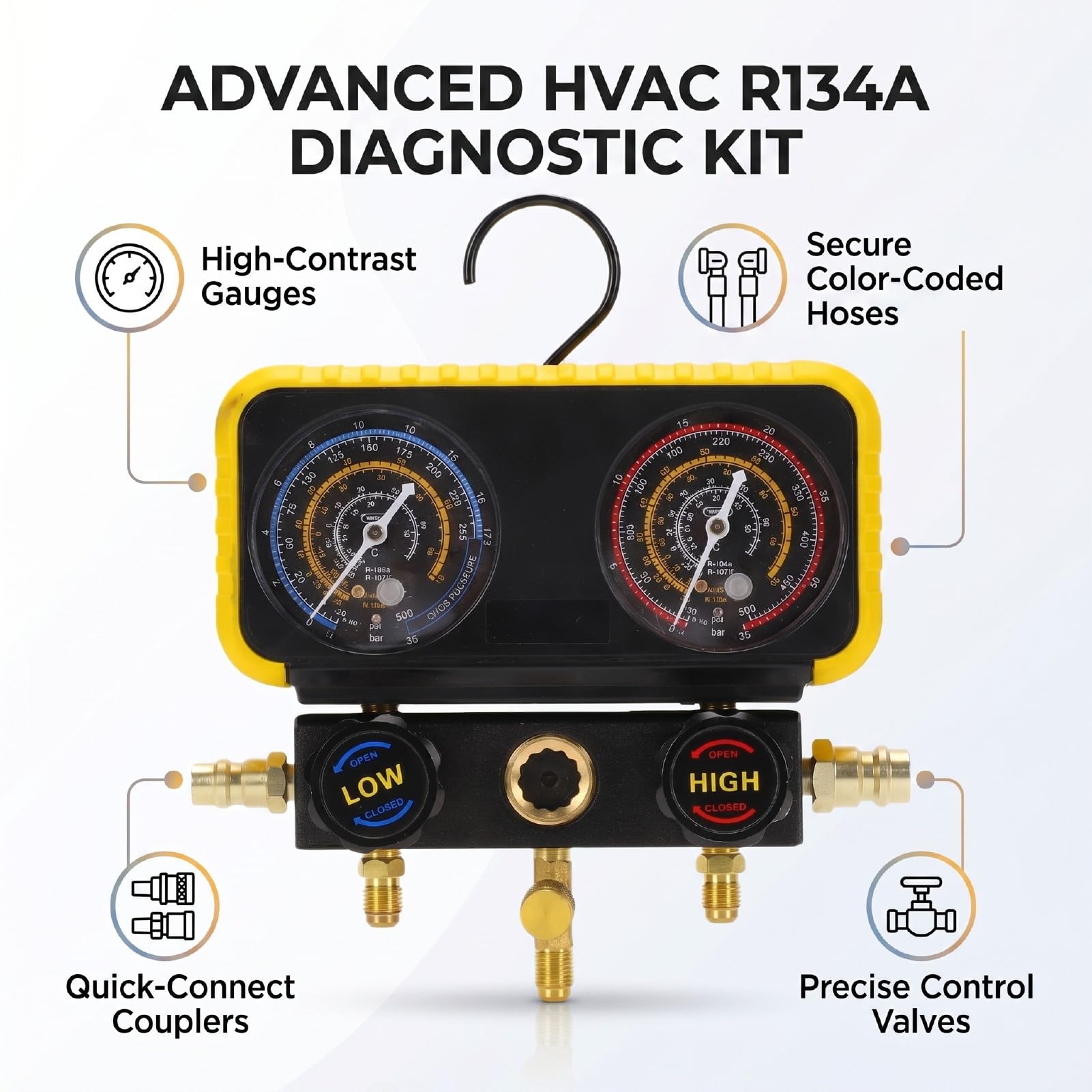 Juego de Manómetros de Colector HVAC Compatible con Refrigerante R134A para Diagnóstico de Aire Acondicionado Kit Universal Construcción Duradera