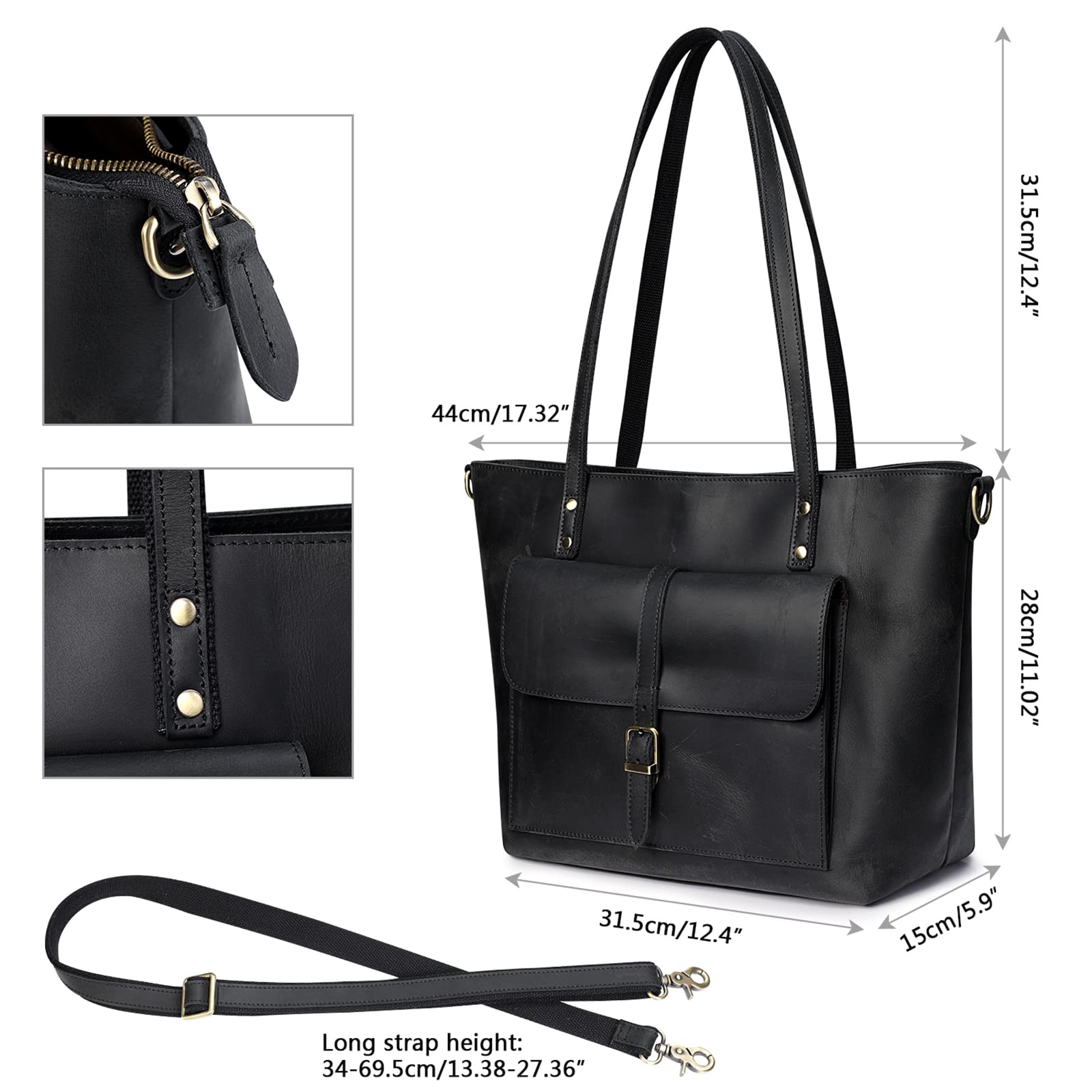 S-ZONE Bolso de mano de cuero genuino vintage para mujer, bolso de hombro grande, bolso de trabajo, Negro -, L, Clásico, vintage