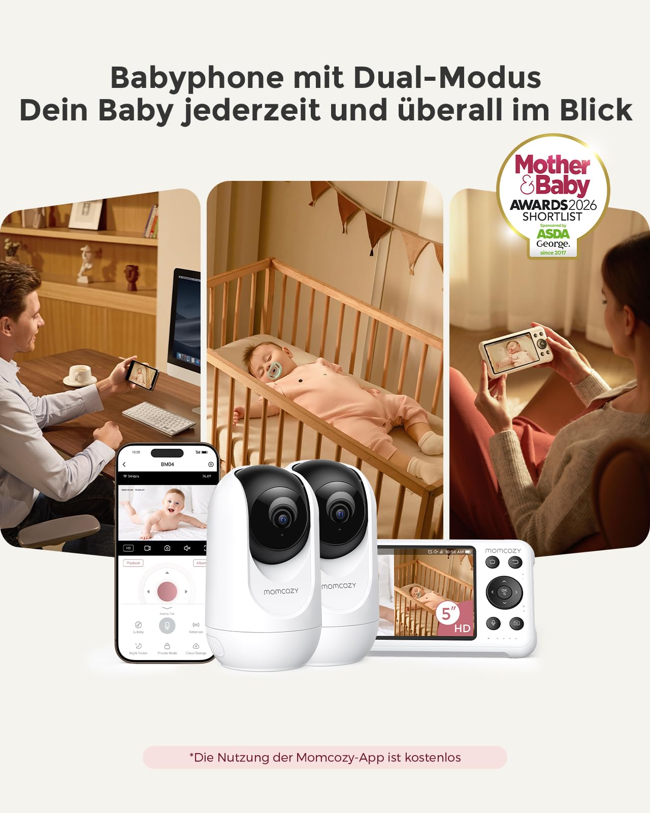 Momcozy BM04 Video Babyphone mit 2 Kameras & App, 1080P 5-Zoll WLAN Babyfone Monitor, 4X Zoom, Bewegungs- & Weinerkennung, sicherer Zaun, klare Nachtsicht, 2-Wege-Gespräch, Foto- & Videoaufzeichnun