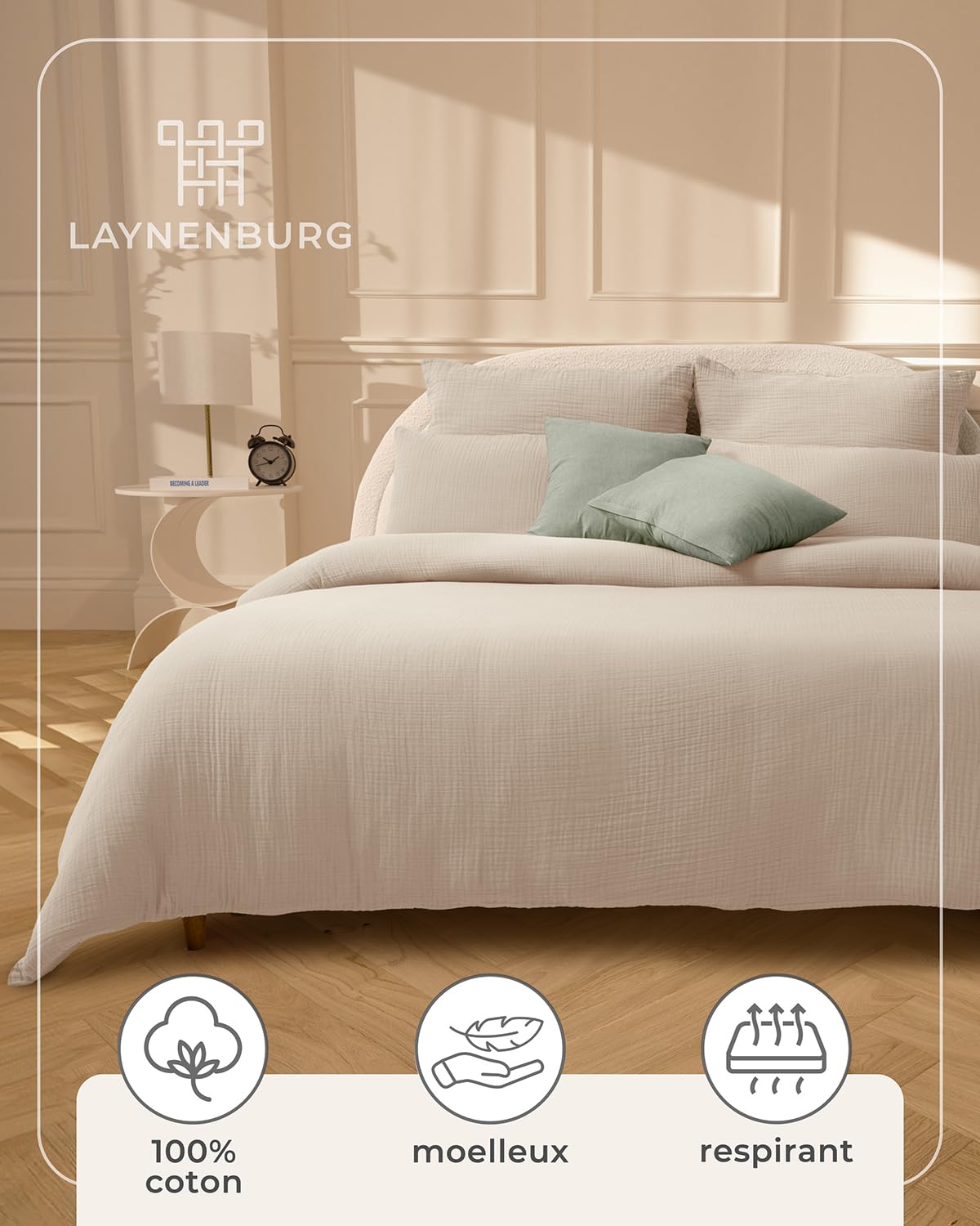 LAYNENBURG Parure de lit en mousseline 135 x 200 cm + 40 x 80 cm - Certifié Öko-Tex - 100 % coton - Respirant et infroissable - Mousseline 2 couches avec fermeture éclair et sangles de maintien (beige