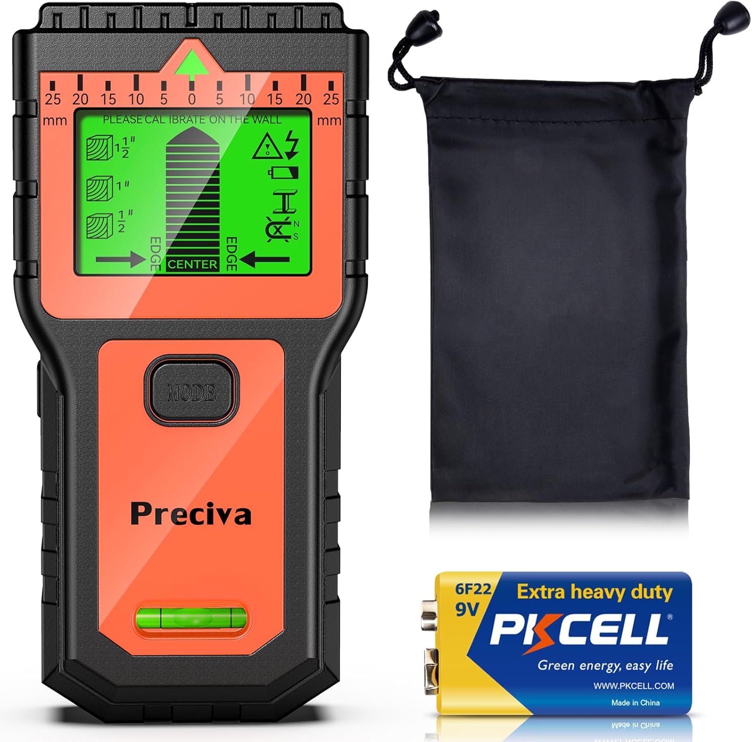 Stud Finder, Preciva Wall Scanner-8 in 1 Multifunctional Wall Detector with 6 Modes & 2 Functions for Studs, Wood, Metal, and AC Wires Detection (9V Battery Included)