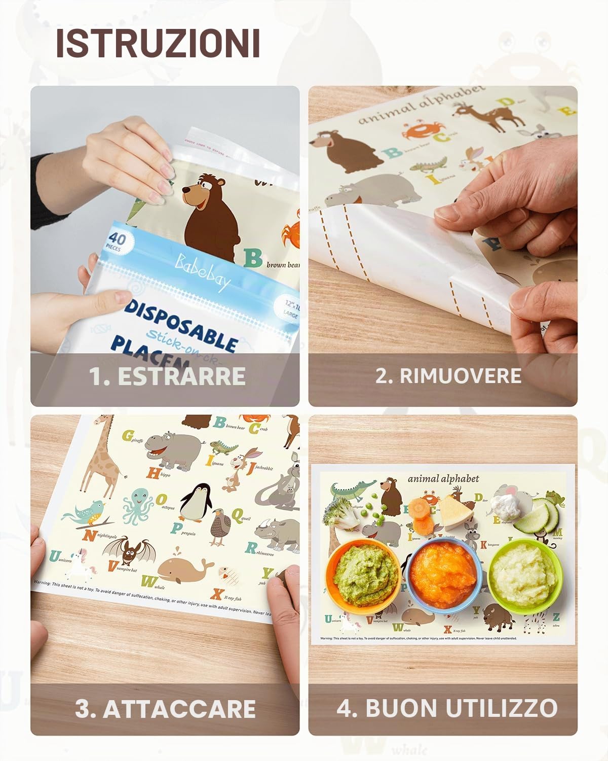 Tovagliette adesive usa e getta, confezione da 40 pezzi, per neonati e bambini, tovagliette da ristorante, 30,5 x 45,7 cm, tovaglietta per bambini, tema alfabeto animale