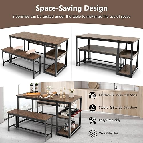 Miniatura 5 de Giantex Juego de mesa de comedor para 4, juego de mesa de cocina de 3 piezas de 55 pulgadas de largo con 2 bancos, mesa de desayuno con estante para