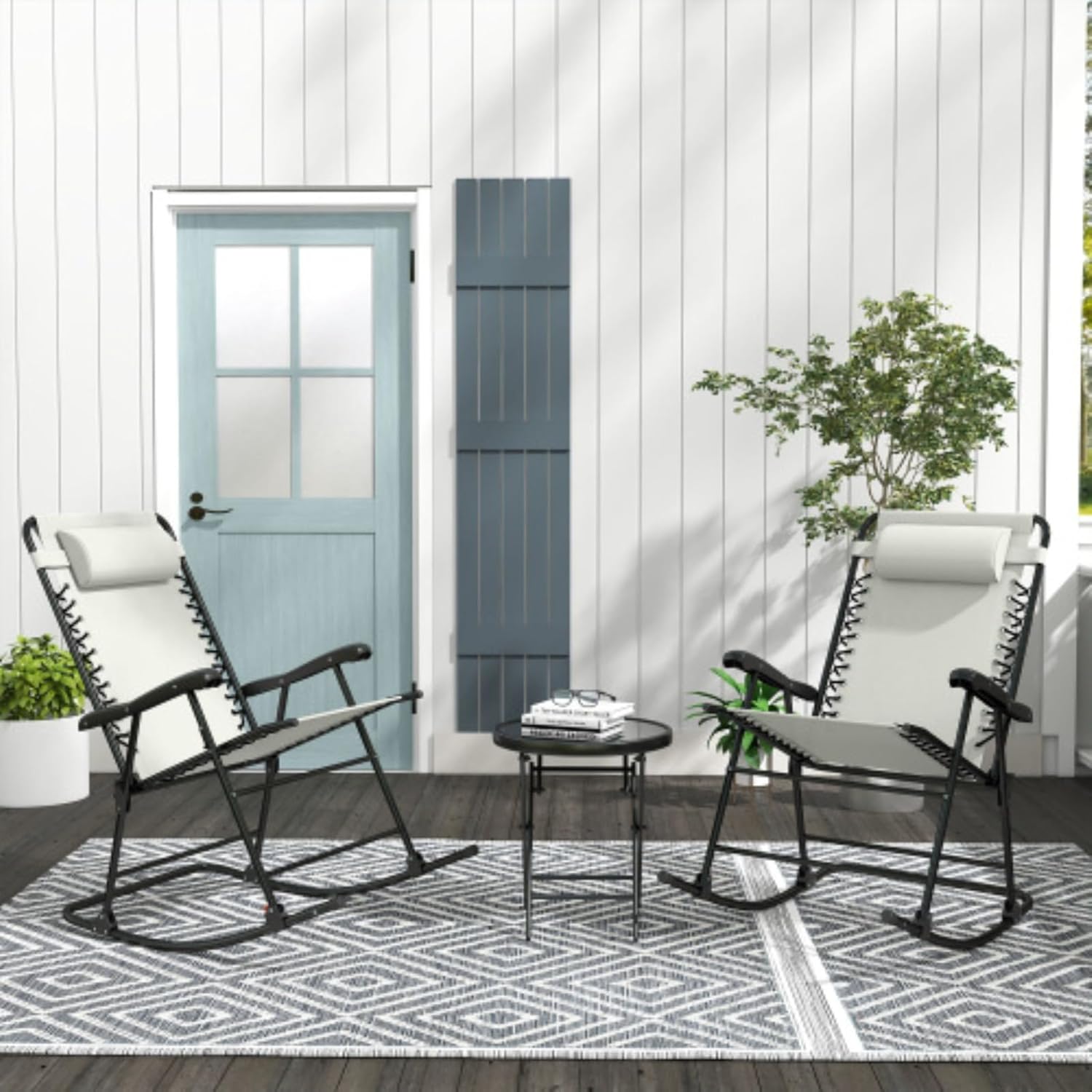 Outdoor Wooden Rocking Chair Set of 2, Lounge Chair, Patio Folding Lawn Rocking Chair Set with Headrest for Garden, Patio, Balcony