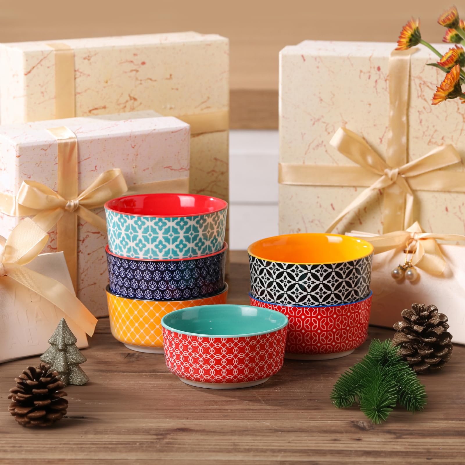 DOWAN Lot de 6 ramequins à crème brûlée - En porcelaine - 120 ml - Passe au four à soufflé - Passe au four, au micro-ondes et au lave-vaisselle - Diamètre : 9 cm - Multicolore