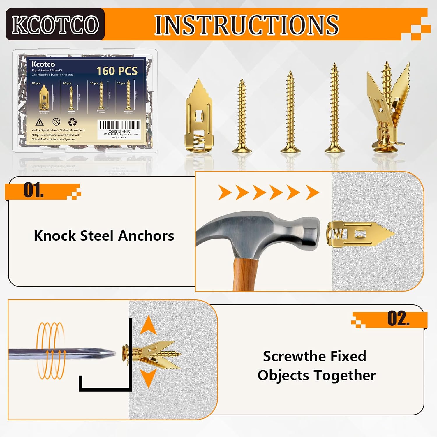 160Pcs Self Drilling Drywall Anchors with Screws Kit，Metal & Heavy Duty Grip Anchors for Wall，Sheetrock， Expansion Anchor Assorted Sizes for Picture Frames，Mirror，Cabinet， Shelves & Home Decor，