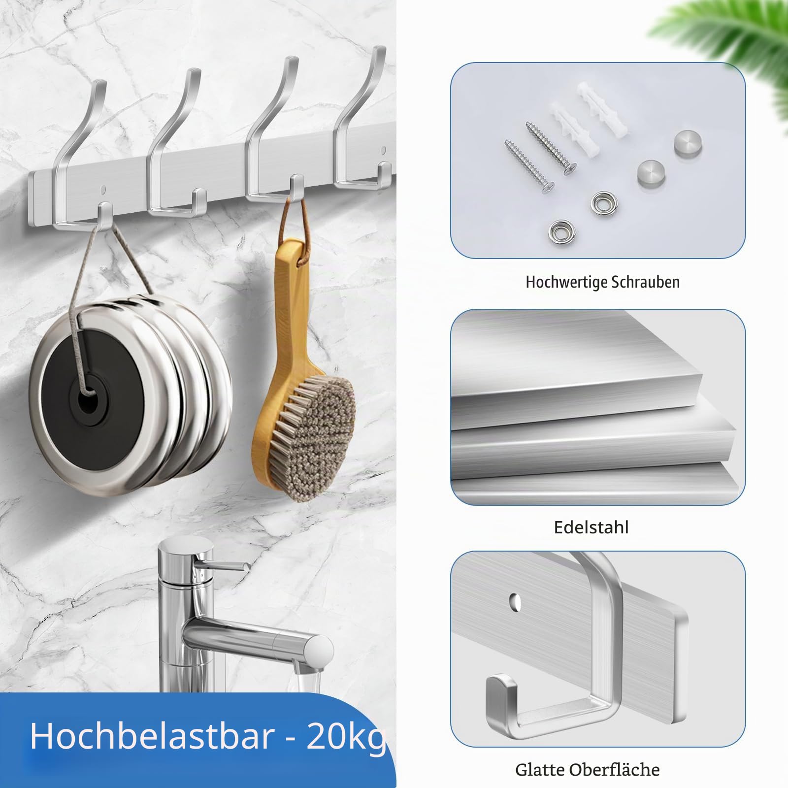 Garderobenhaken Edelstahl, Kleiderhaken Wand Jackenhalter, Schwerlast Garderobenleiste Wandgarderobe Hakenleiste Garderobe Wandhaken (Gebürstete Silber, 8 Haken 2 Stück)