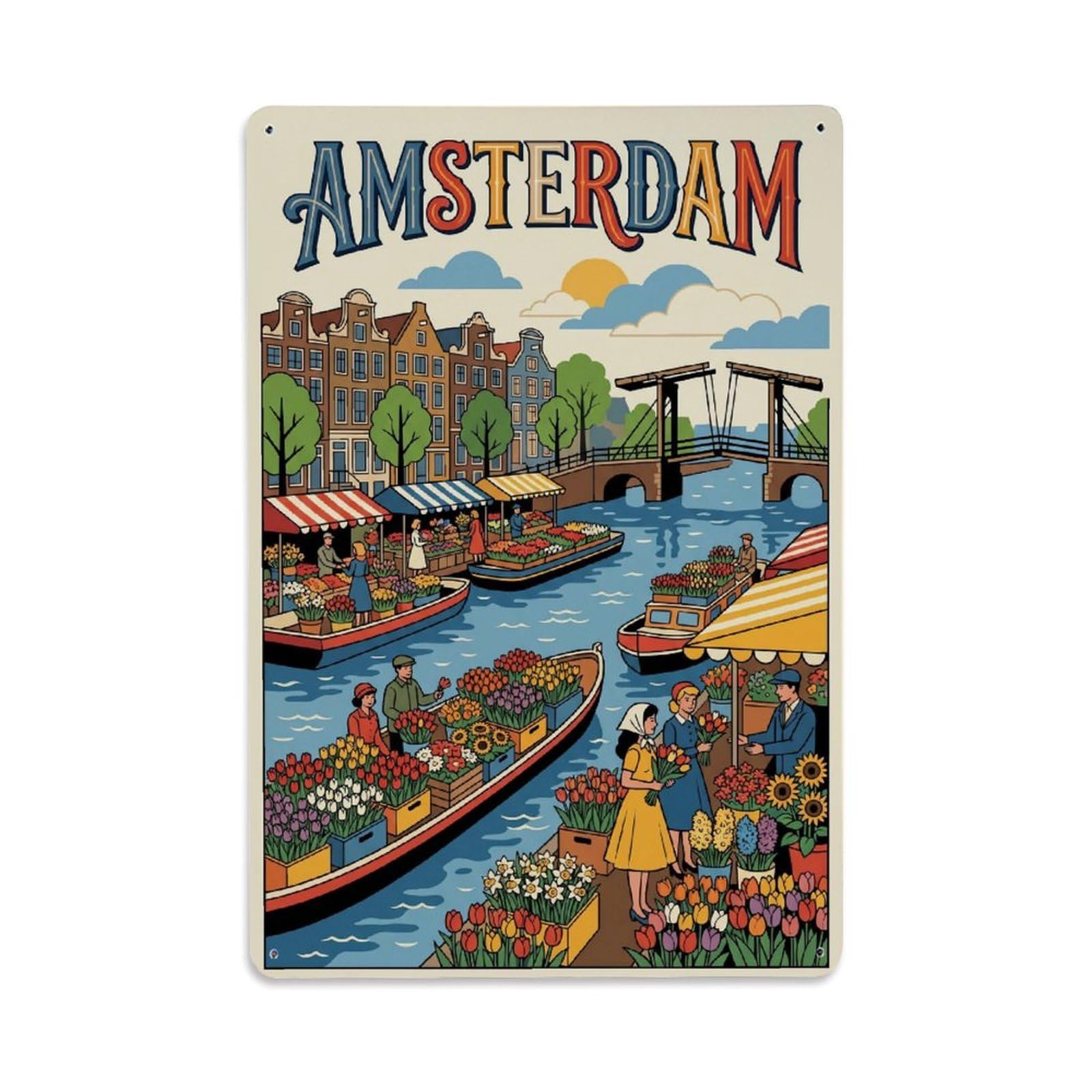 Okngb Style Shopping Market Amsterdam Dutch Retro City Travel Canal Metal Tin Sign Plaque Wall Decor For Cafe, Man Cave, Club Bar, Office, Home Garden Round Metal Poster 8X12inch